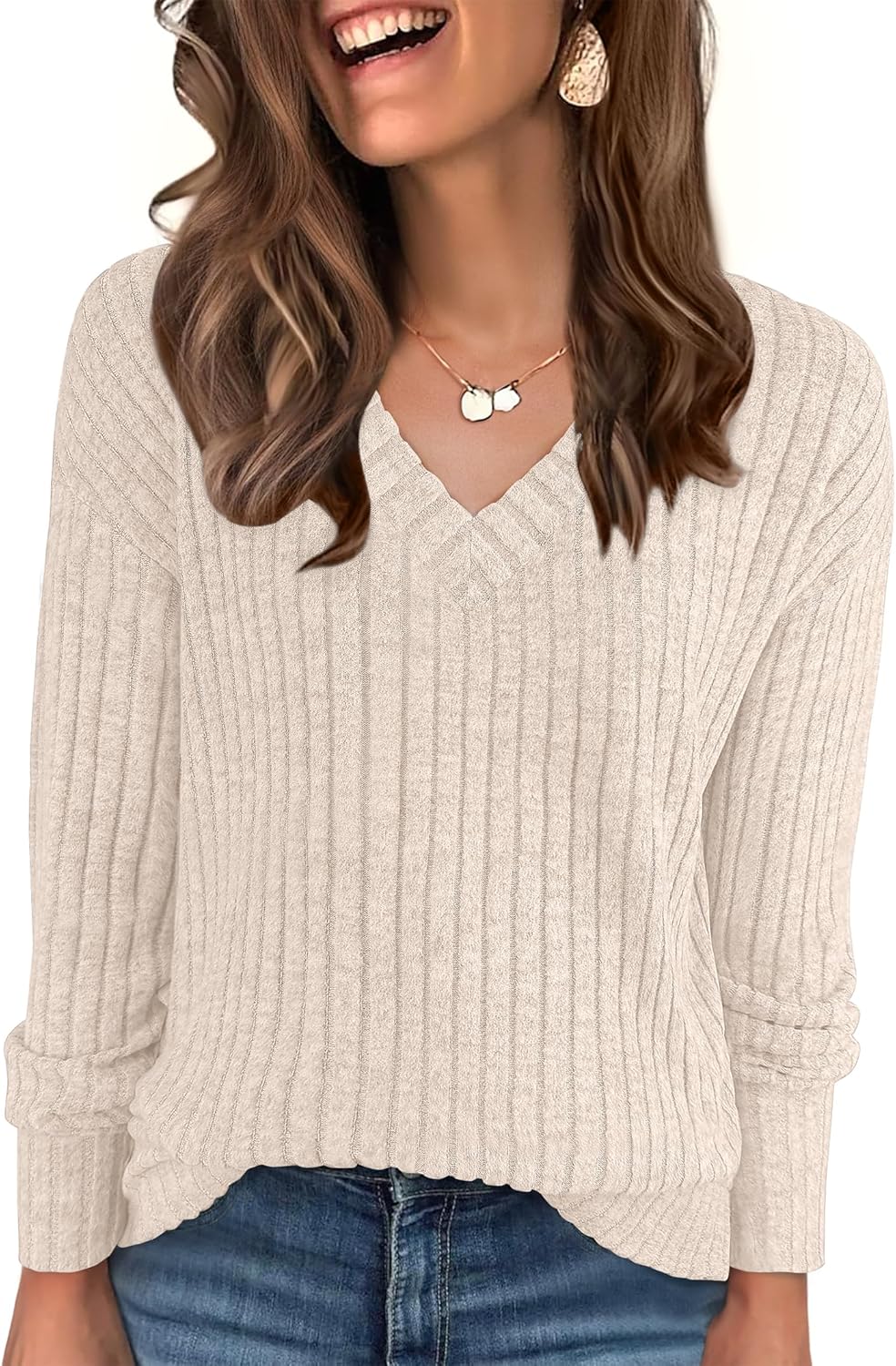 ANRABESS Long Sleeve Shirts for Women V Neck Casual Fall Tops Loose Fit Lightweight Sweaters Tunic Fashion 2025 Clothes