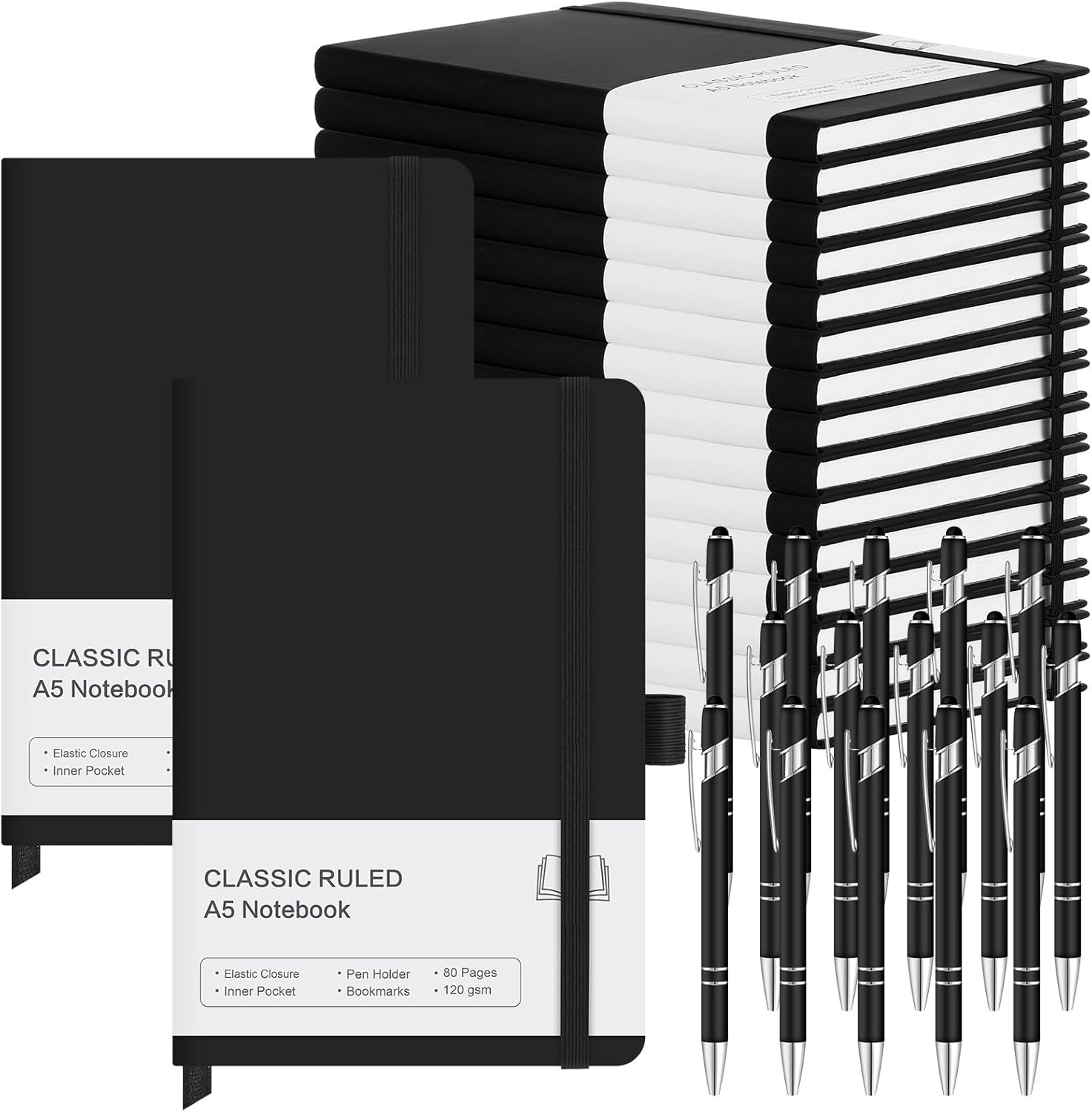 Qeeenar 15 Pack Journal Notebook Bulk A5 Hardcover Notebook Classic Journal Set with Pen Holder with 15 Pcs Pens for Schoo...