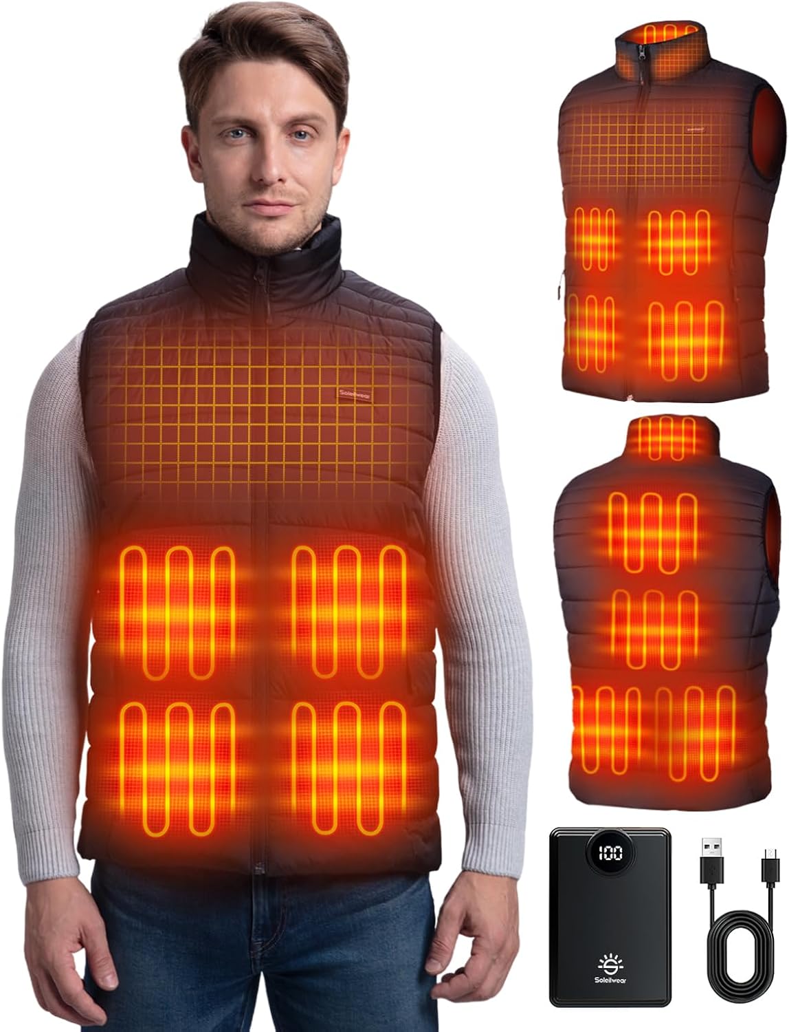 Soleilwear Heated Vest for Men, 9 Heating Zones 12000mAh Battery Pack, Rechargeable Vest Outdoor Hunt Camping Cycling Ski