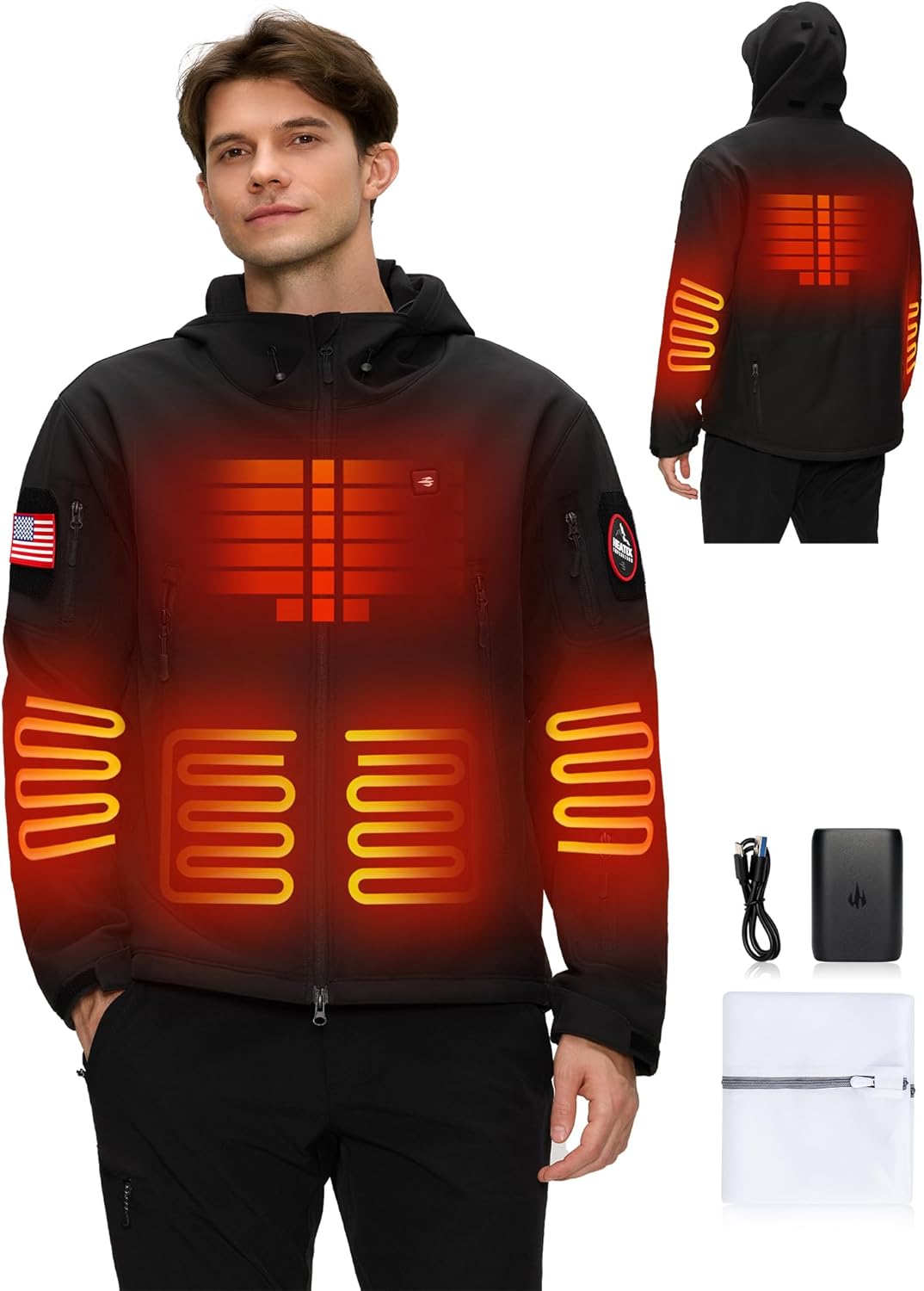 HEATIX Heated Jacket for Men with 12V Battery Pack, Winter Outdoor Soft Shell Electric Heating Coat with Foldable Hood