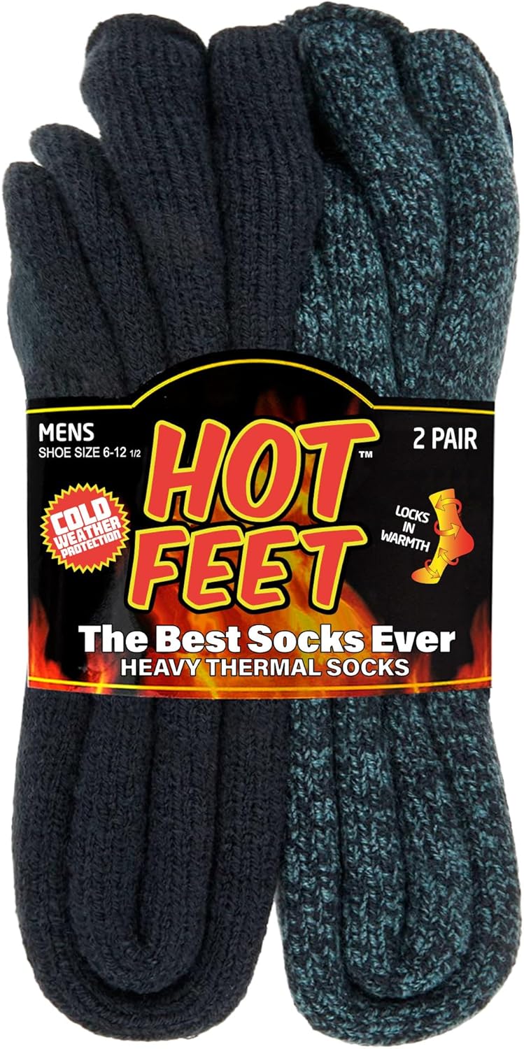 HOT FEET Thermal Socks for Men - Extreme Cold Weather, 2 Pack Thick Warm Socks, Winter Insulated, Size 6-12.5