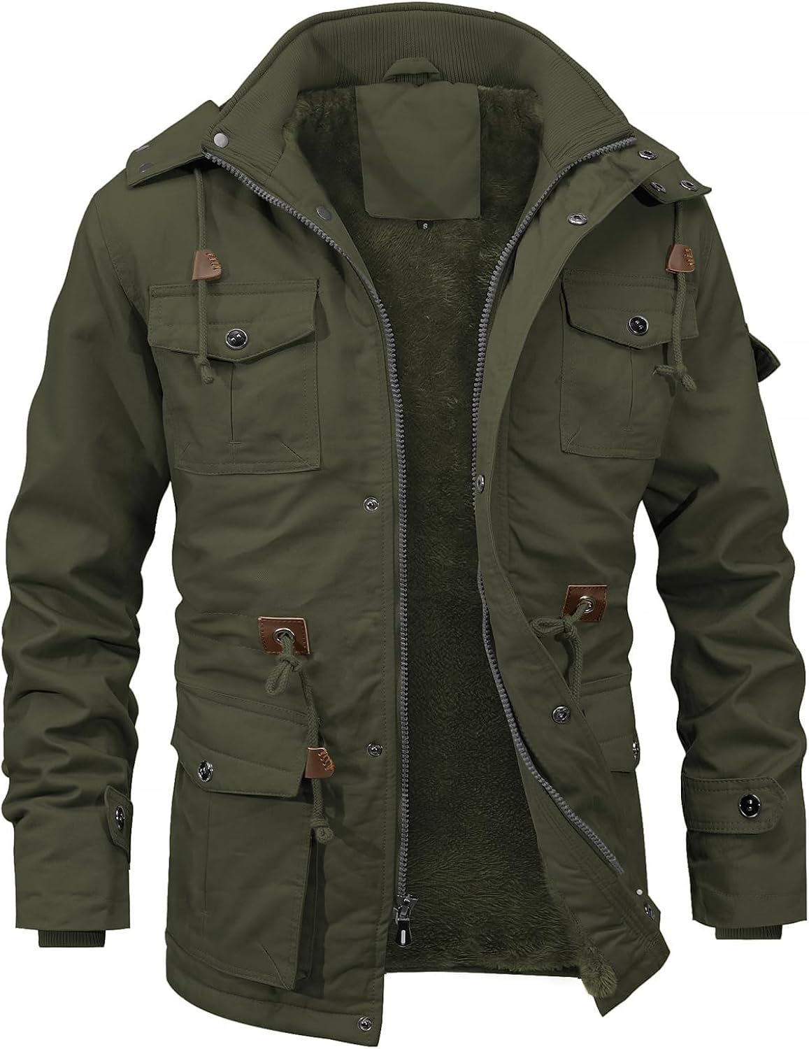INVACHI Men's Winter Warm Fleece Lined Cotton Military Jacket Windproof Thick Cargo Work Coat with Hood & Multiple Pockets