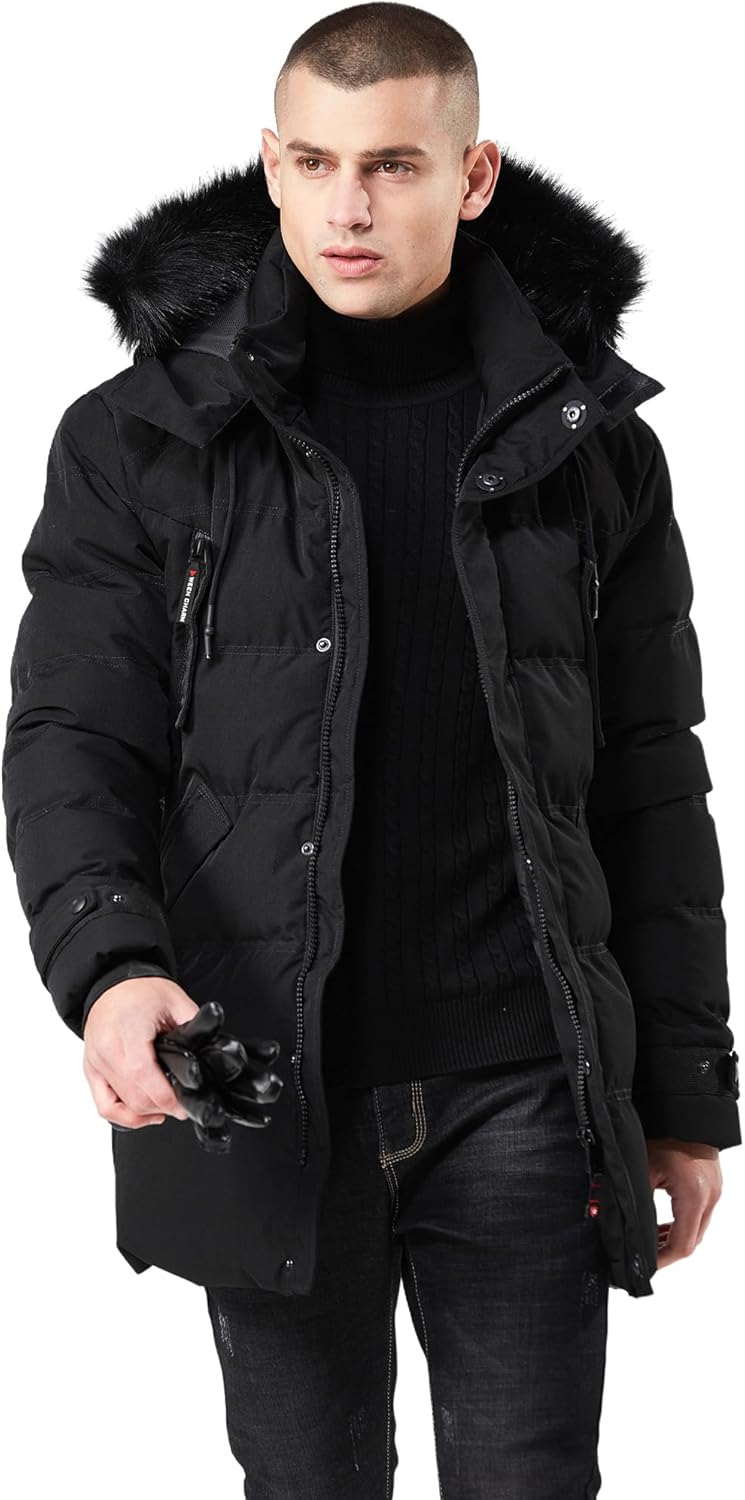 WEEN CHARM Men's Warm Parka Ski Jacket Water Resistant Puffer Jacket Long Winter Coat with Removable Faux Fur Hood
