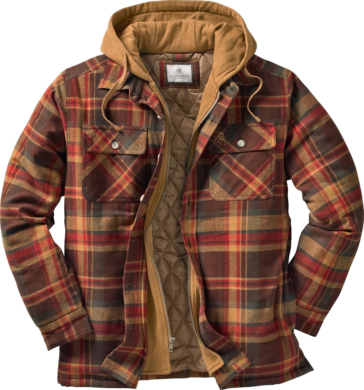 Legendary Whitetails Men's Plaid Flannel Shirt Jacket Quilted with Hood Polyfill Insulated