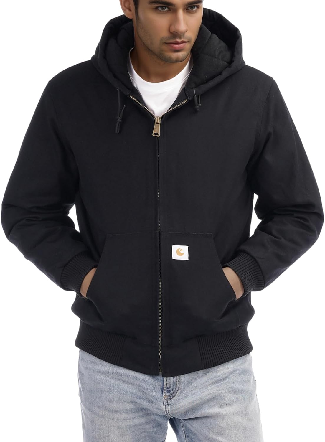 TUAOVA Men's Loose Fit Quilted Flannel Lined Workwear Waterproof Active Jacket Hooded Work Coat