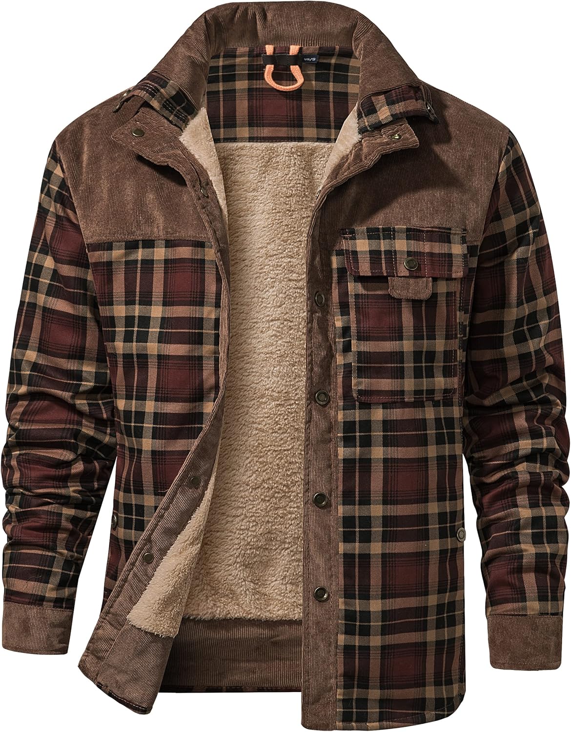 Flygo Men's Sherpa Lined Plaid Flannel Shirt Jacket Snap Button Warm Winter Jacket with Pockets