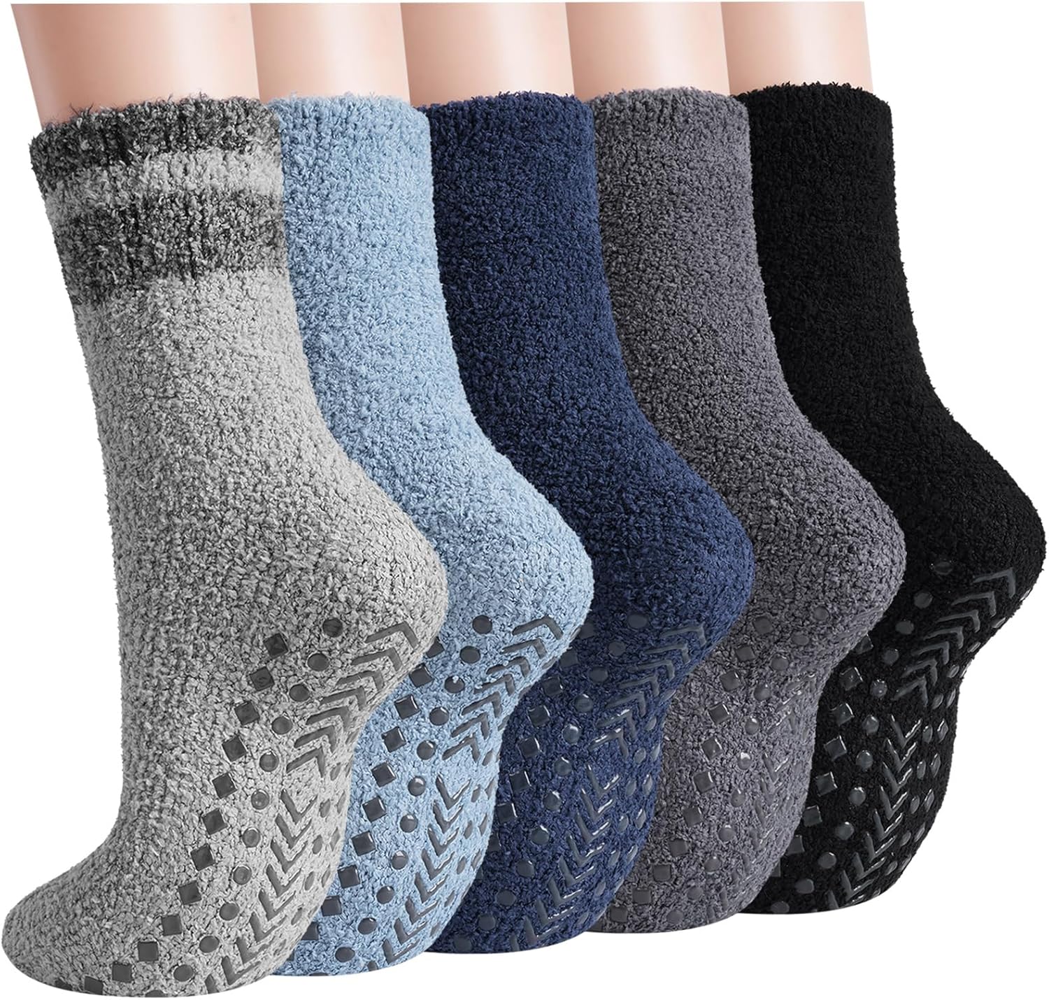 floconssy Fuzzy Socks Men with Grips, Cozy Fluffy Elderly Slipper Sock Non Slip Thick Winter Warm Hospital Sleep Home 5 Pairs