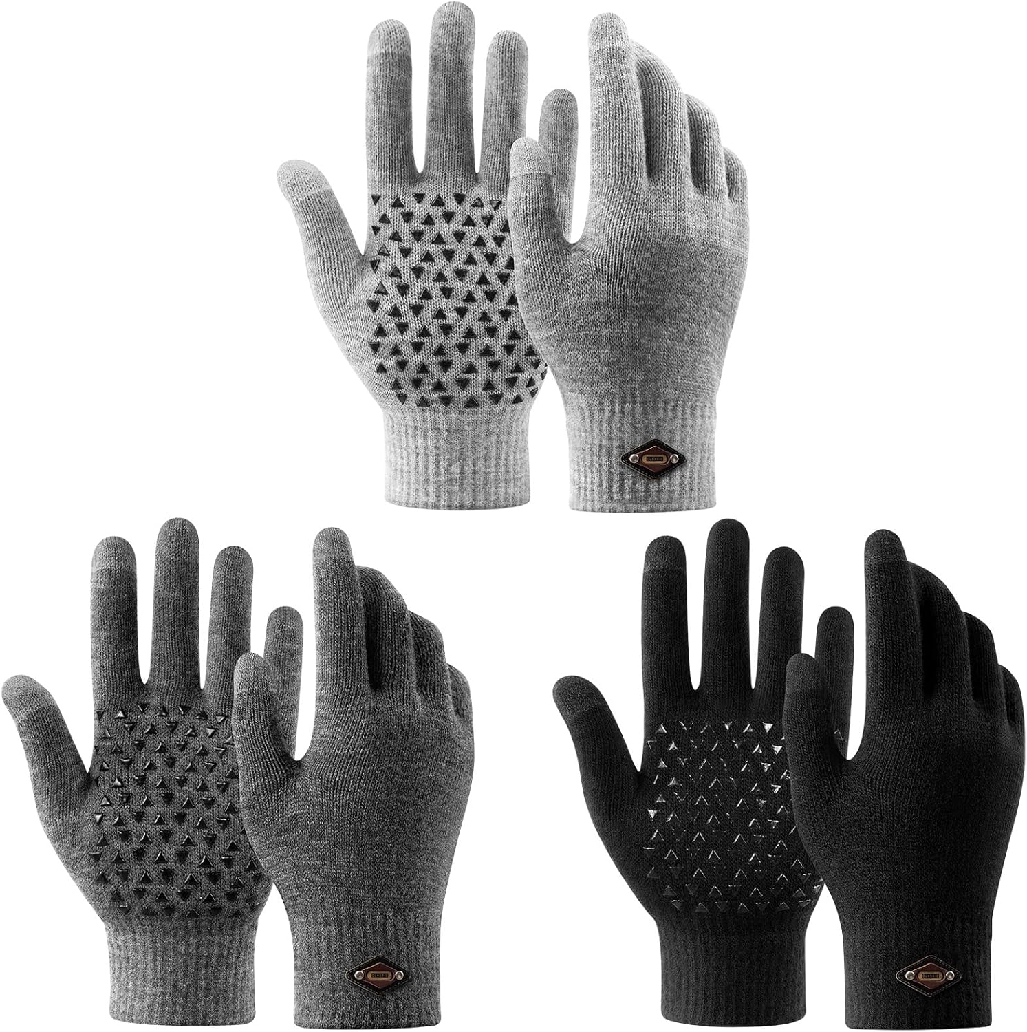 FSKP 3 Pairs Winter Gloves for Men Women Warm Knit Gloves Touch Screen Anti-Slip Gloves with Thermal Soft Knit Lining