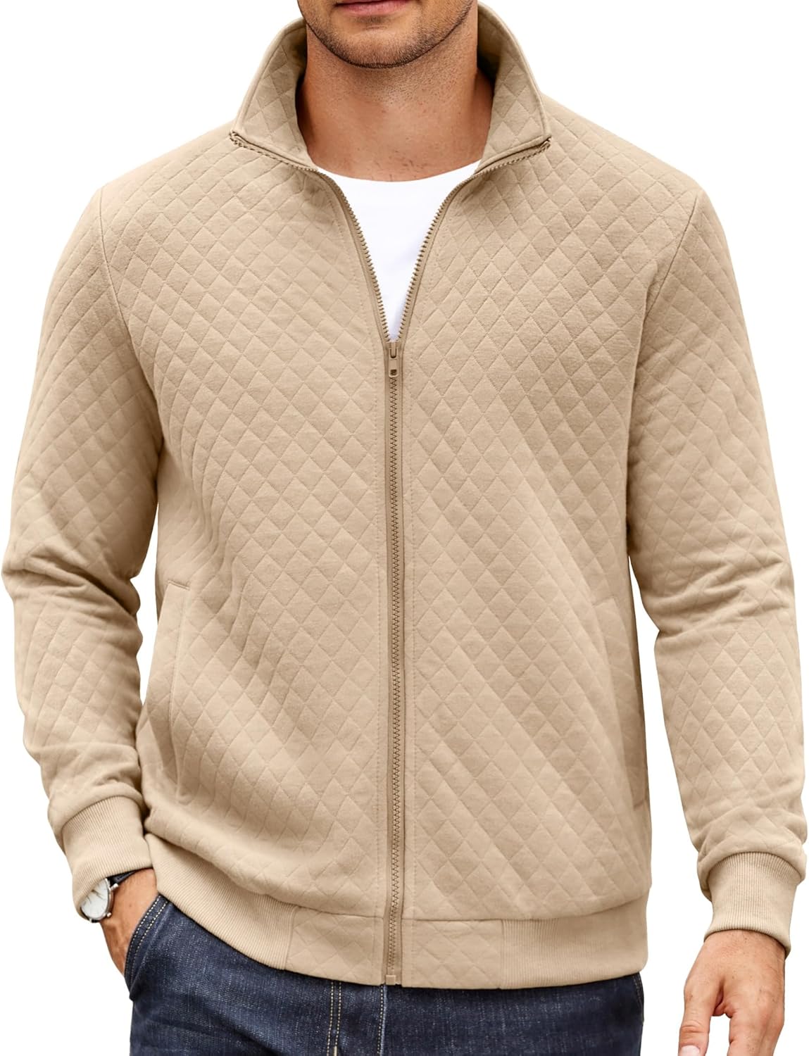 COOFANDY Mens Zip Up Sweatshirt Mock Neck Quilted Jacket Casual Lightweight Sweater Jackets with Pocket