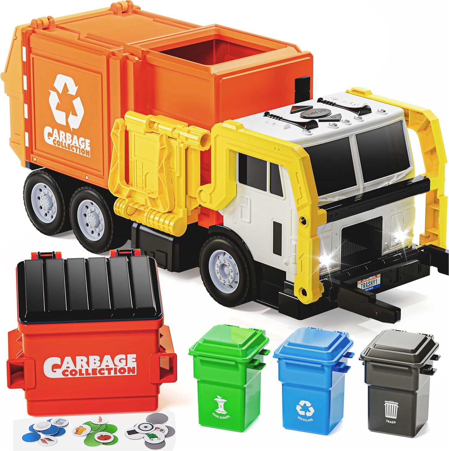 JOYIN Large Friction Powered Garbage Truck Toy Set, Includes Dumpster, Trash Bins, and Learning Cards for Kids