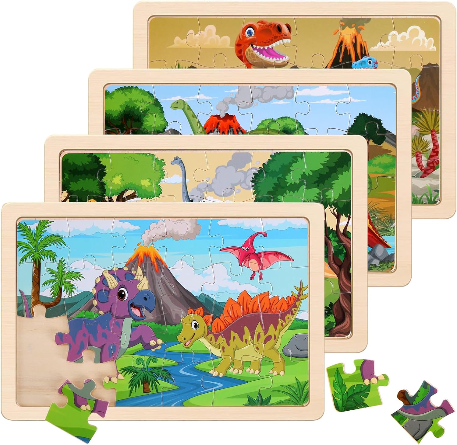 Wooden Puzzles Dinosaur Toys for Kids Ages 3-5, Set of 4 Packs with 20-Piece Wood Jigsaw Puzzles, Preschool Educational Br...