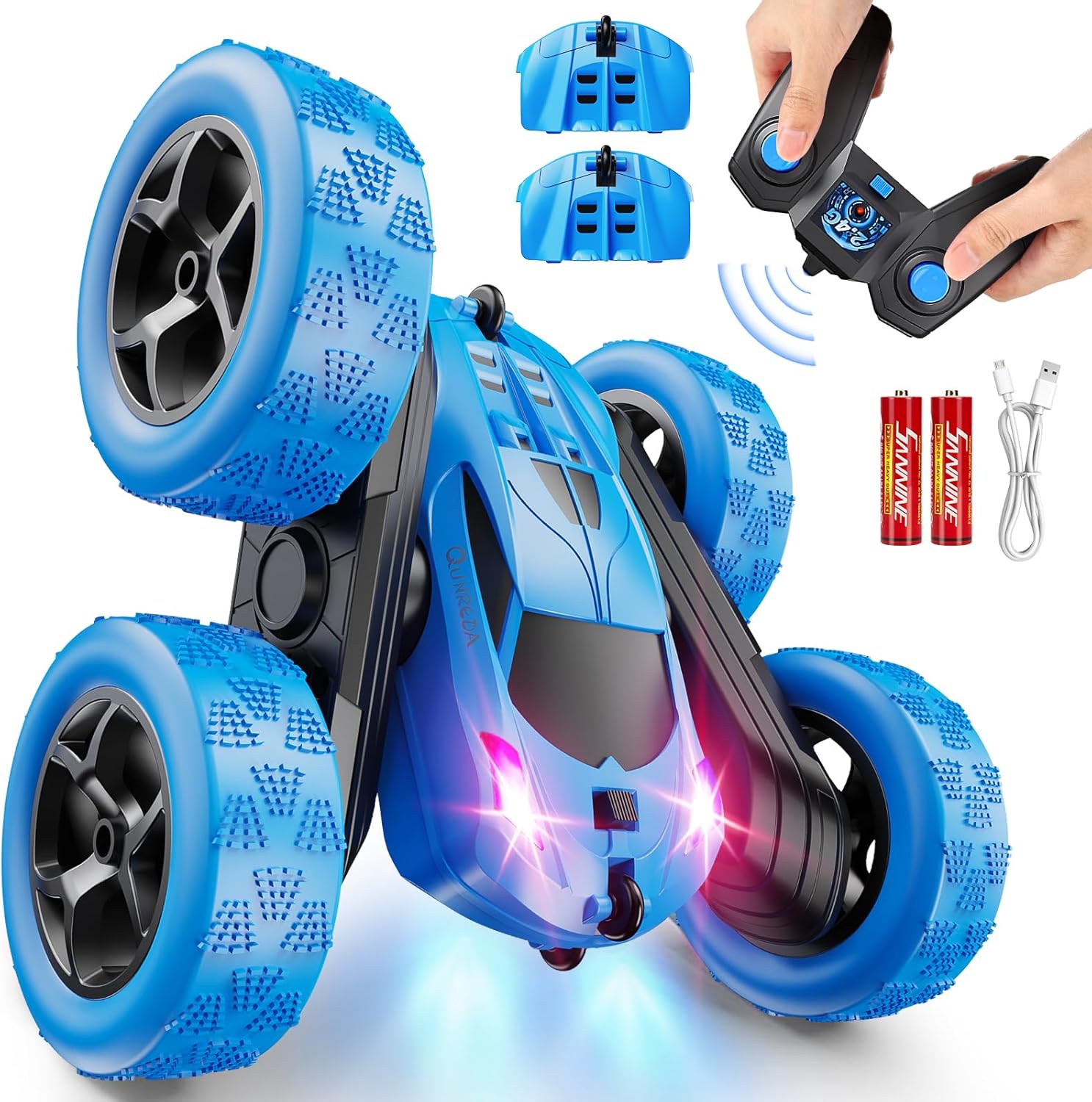 QUNREDA Remote Control Car, RC Cars Toys for Kids Ages 6-12, 4WD Stunt Car with LED Lights & 360° Flips, 2.4GHz, Upgraded ...