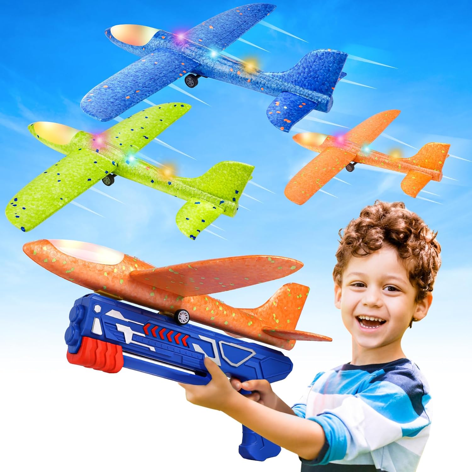 Fuwidvia 3 Pack Airplane Launcher Toys, 13.2'' LED Foam Glider Catapult Plane Toy for Boys, 2 Flight Modes Outdoor Flying ...