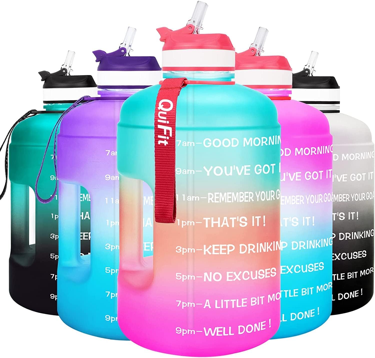 QuiFit Motivational Gallon Water Bottle - with Straw & Time Marker BPA Free Large Reusable Sport Water Jug with Handle for...