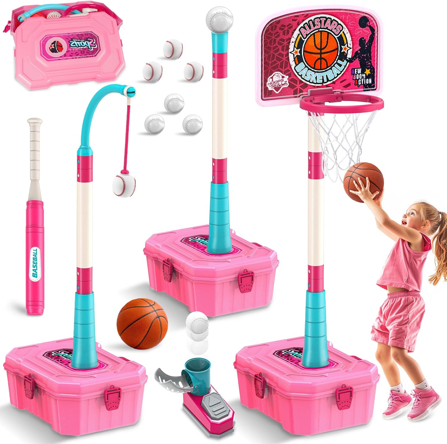 5 in 1 Toddler Basketball Hoop and T Ball Set, Height Adjustable Kids Basketball Hoop for Indoor Outdoor, Portable Mini Ba...