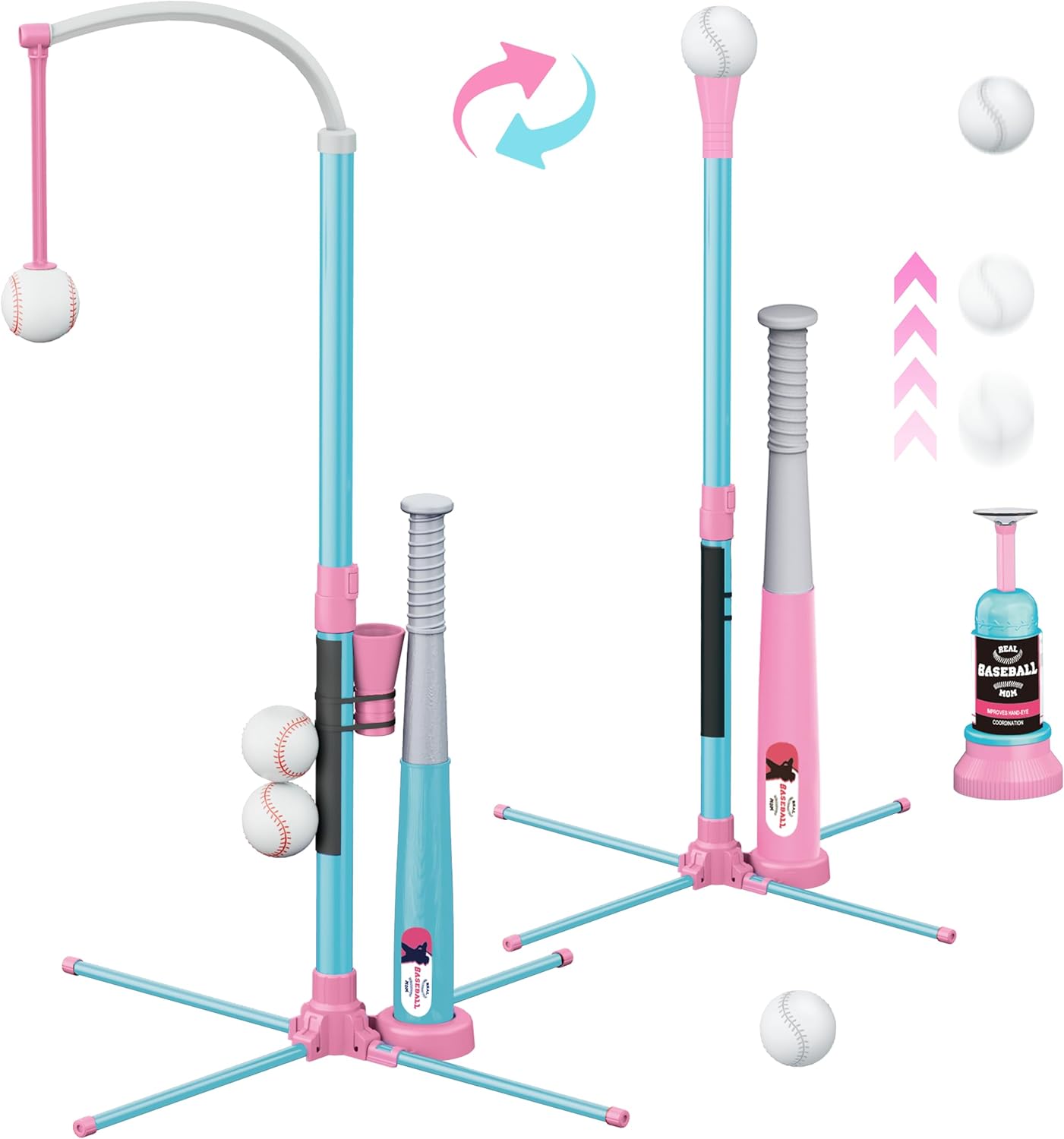 Surelect 3-in-1 T Ball Set for Kids, Adjustable Height Hanging Baseball Batting Tee Set with 2 Bats, Teeball Hitting Stan...