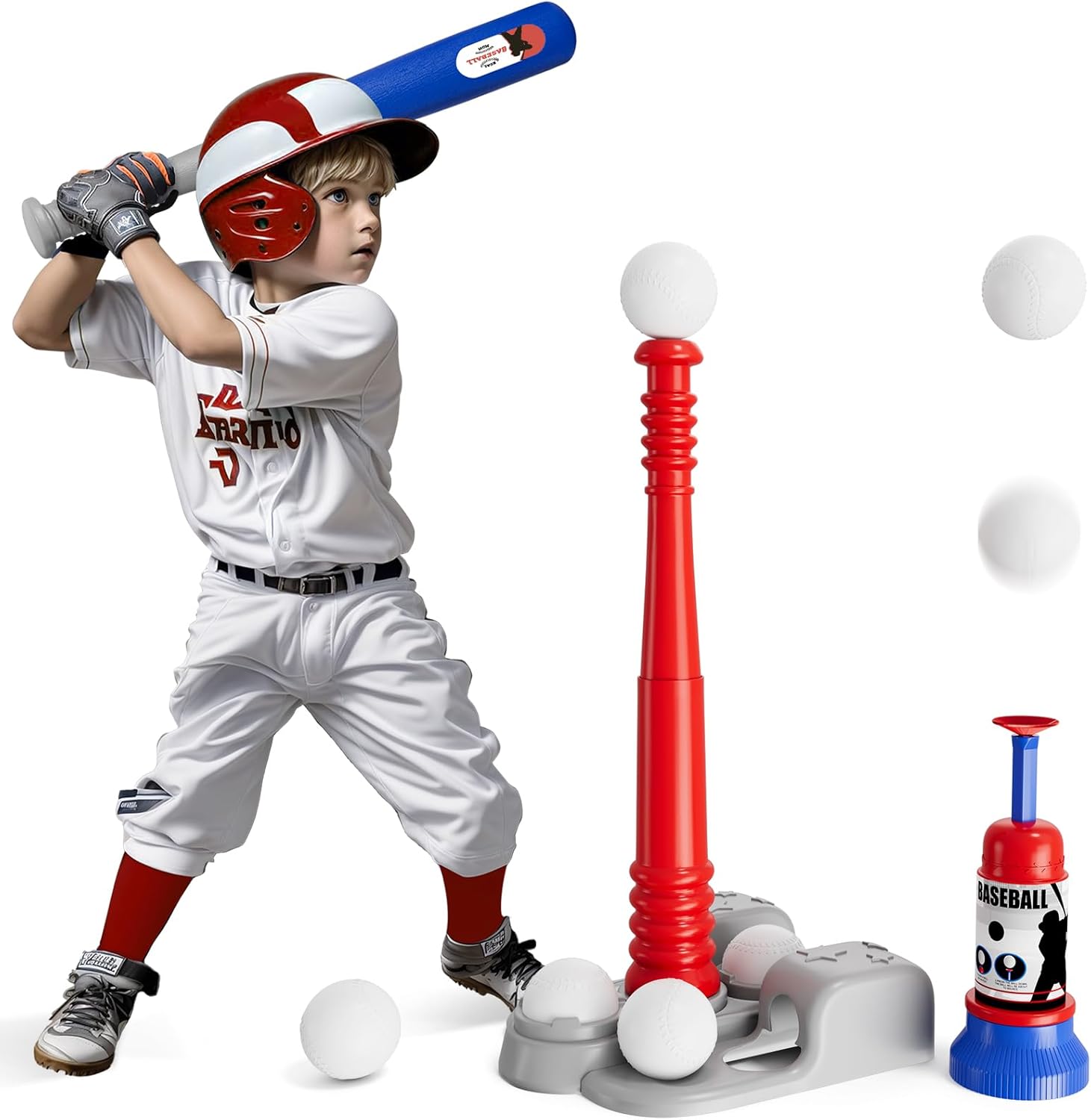 Wee Wonders 3-in-1 T Ball Set - Adjustable Height, Hanging Tee Ball Set with Automatic Pitching Machine/6 Balls/Retractabl...