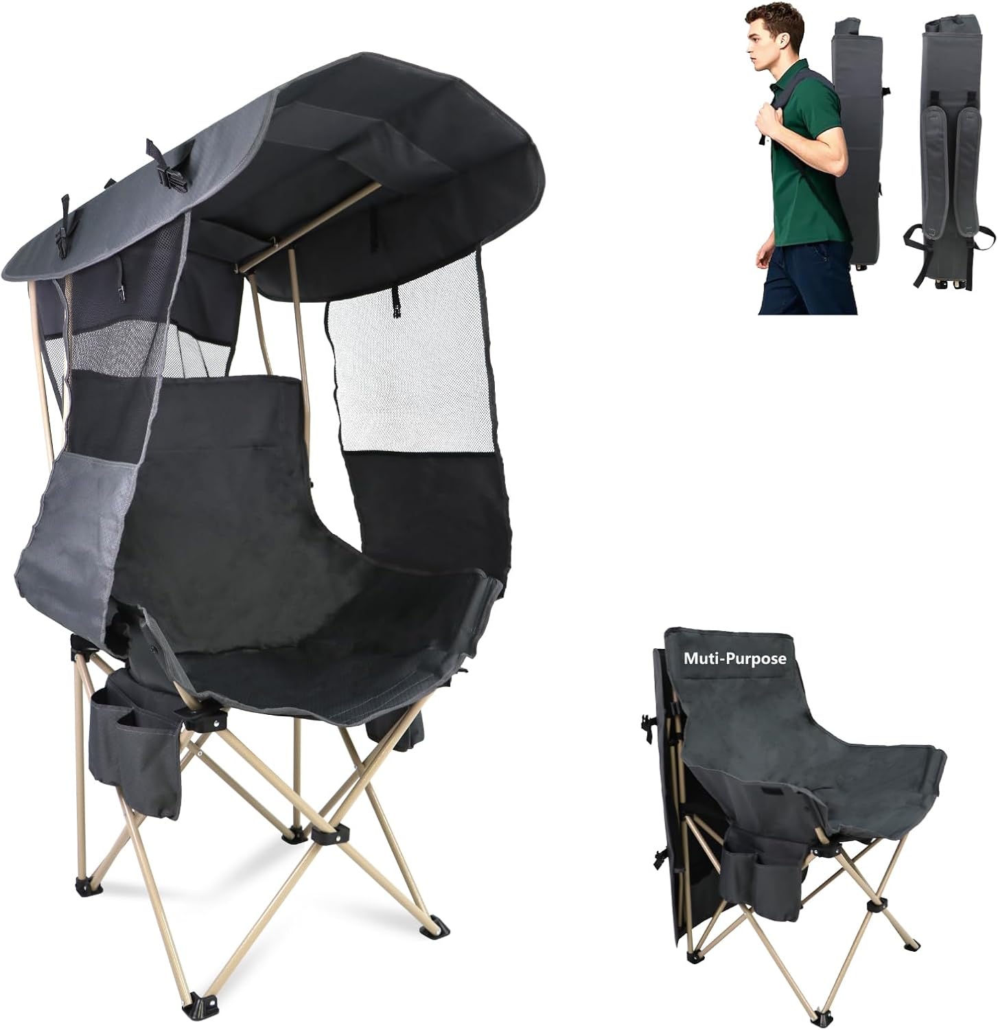 Folding Camping Chairs Canopy Outdoor: Sports Portable Beach Chair with Canopy-Lawn Beach Chairs with Umbrella for Adults-...