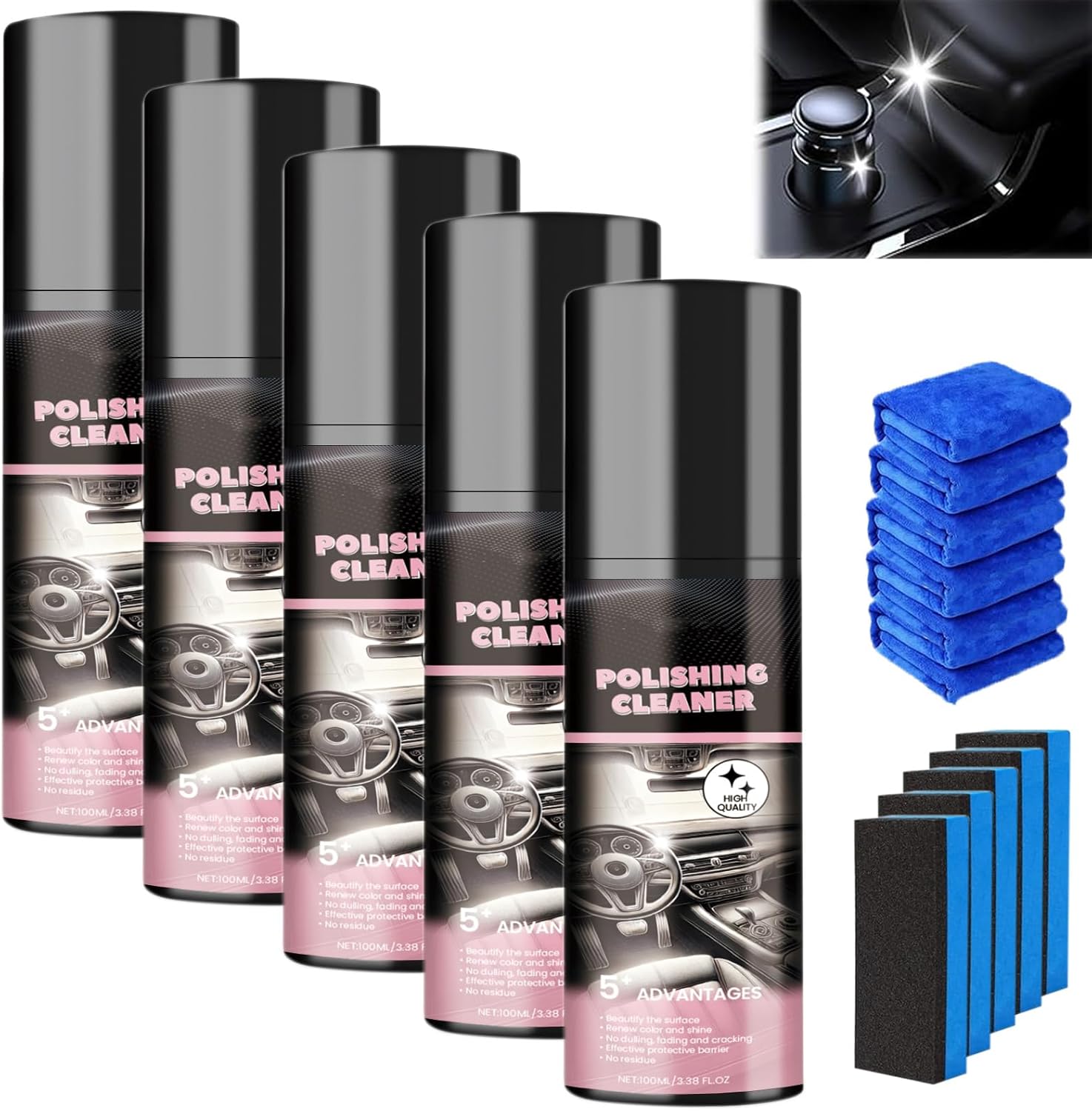5PC Polishing Cleaner,Car Interior Cleaner with Fiber Cloths for Dashboard and Seat,Interior Detailer Cleaning & Decontami...