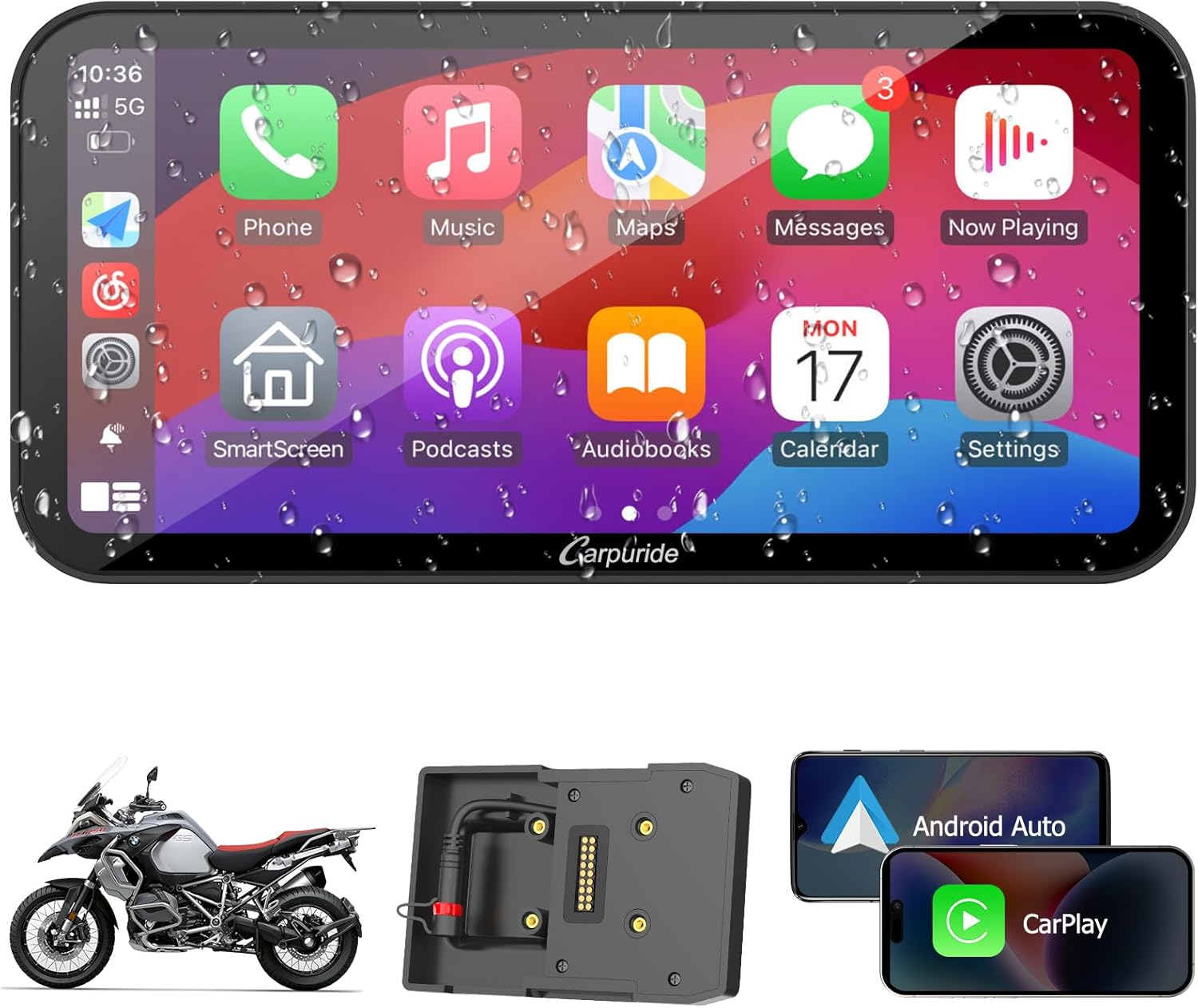 Carpuride W603B Motorcycle Carplay Screen for BMW R1200GS R1250GS S1000XR Motorcycle, 6.3 inch Waterproof Touchscreen, Por...