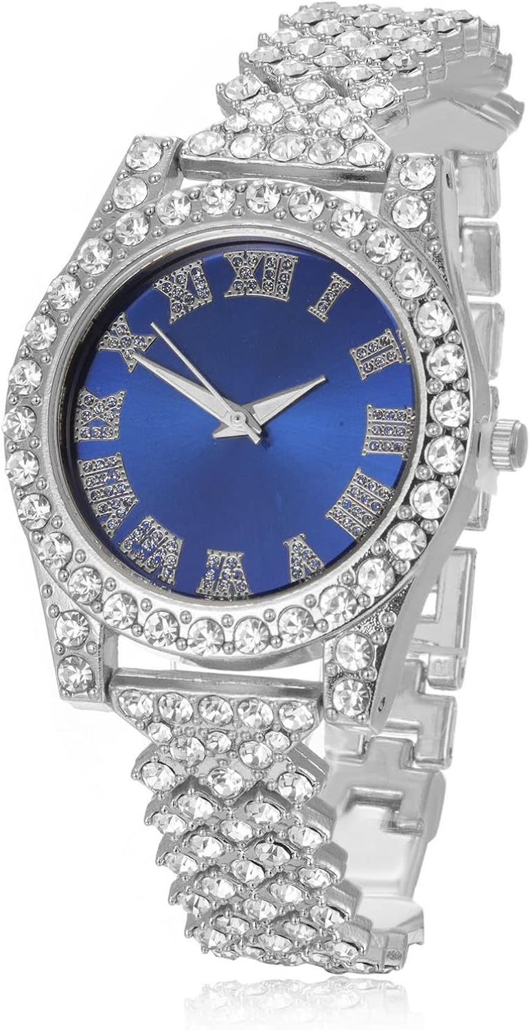 Halukakah Diamonds Gold Watch Iced Out, Kid's 18K Real Gold/Platinum White Gold Plated 36MM Width Green/Blue/Red Dial Quar...