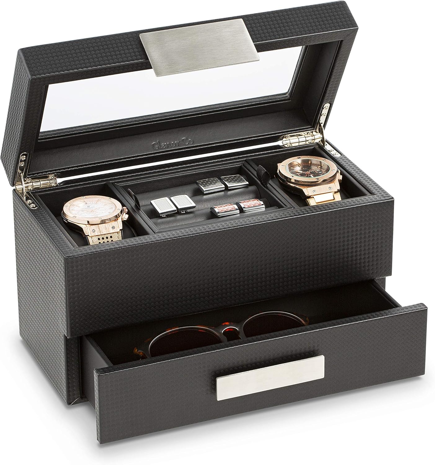 Glenor Co Valet Jewelry Watch Box for Men - Carbon Fiber Texture Organizer with Glass Top, Drawer & Tray - Holder for Watc...