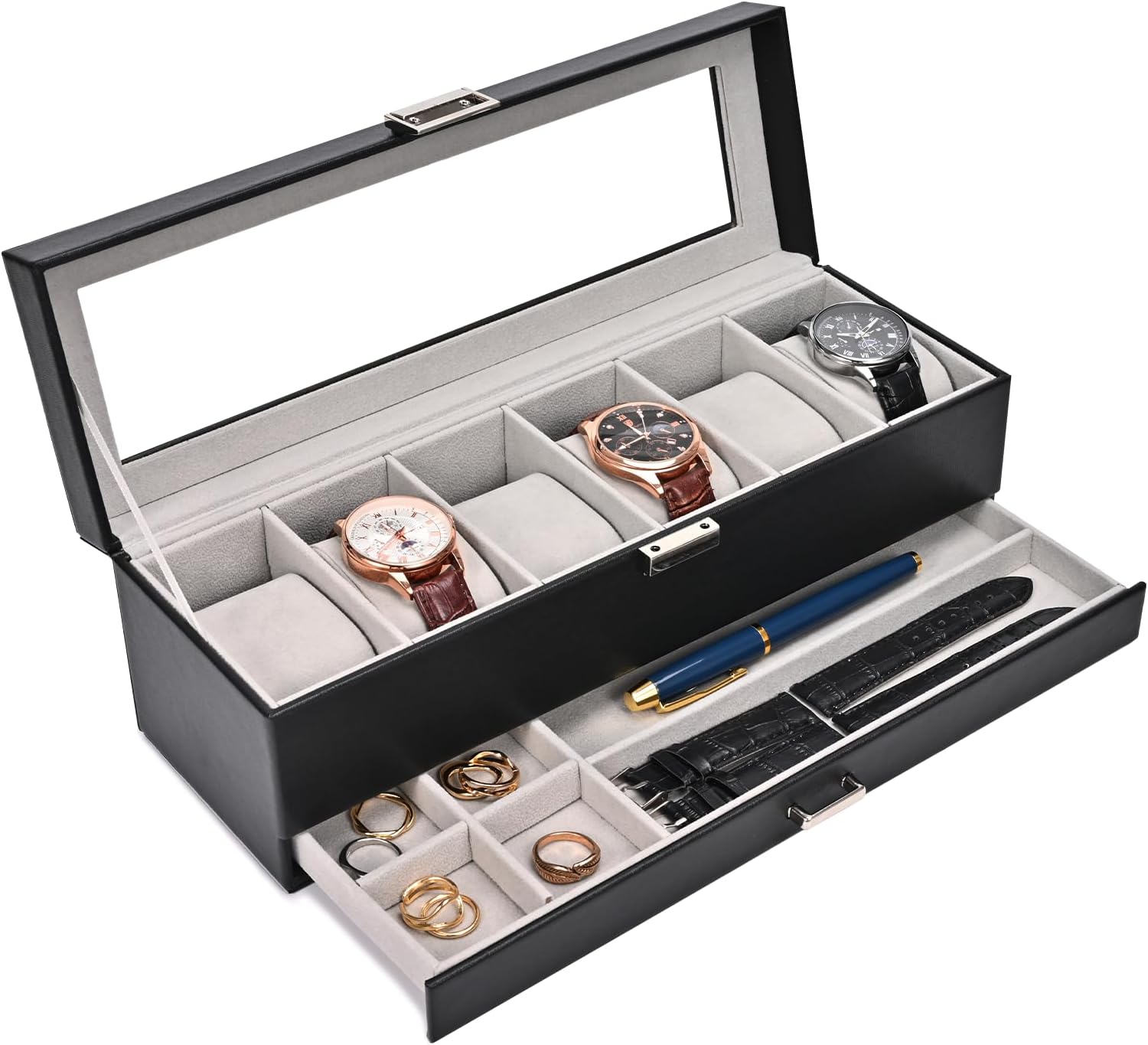 ProCase Watch Box for Men, 6 Slot Watch Display Case with Drawer, Mens Watch Case With Glass Lid, 2-Layer Jewelry and Watc...