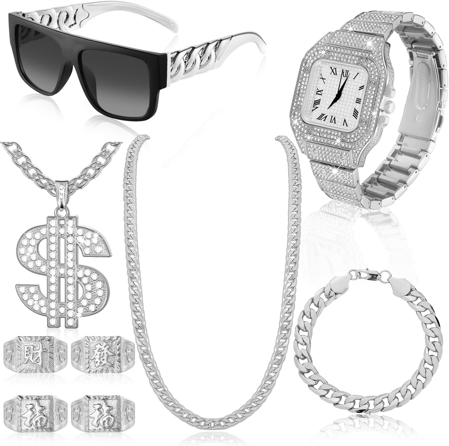 Equsion 9 Pcs Hip Hop Jewelry Set Dollar Sign Pendant Necklace Bracelet Diamond Watch Punk Sunglasses Lucky Rings for Men