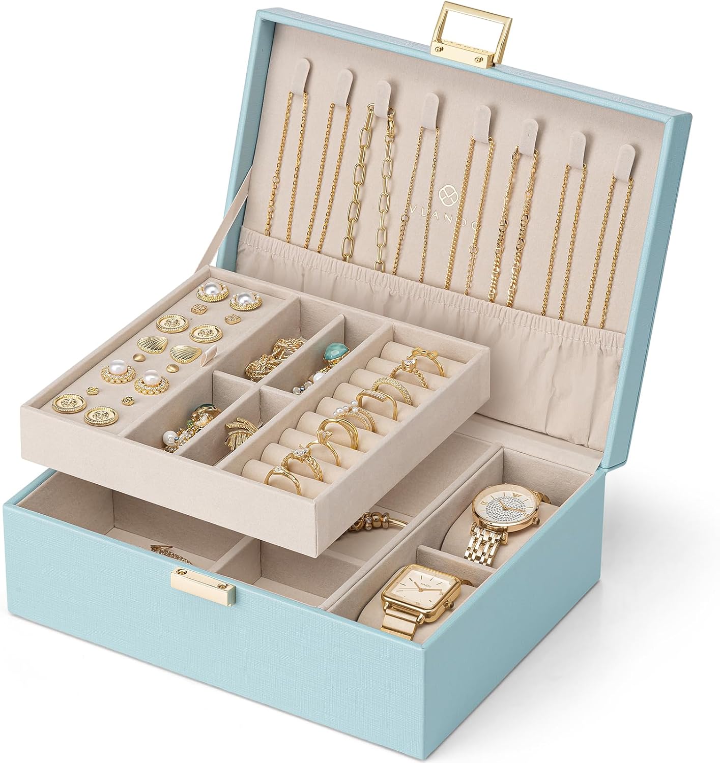 Vlando 2 Layer Jewelry Box Large Jewelry Organizer for Women Removable Jewelery Tray with Watch Pillow for Necklace Earrin...