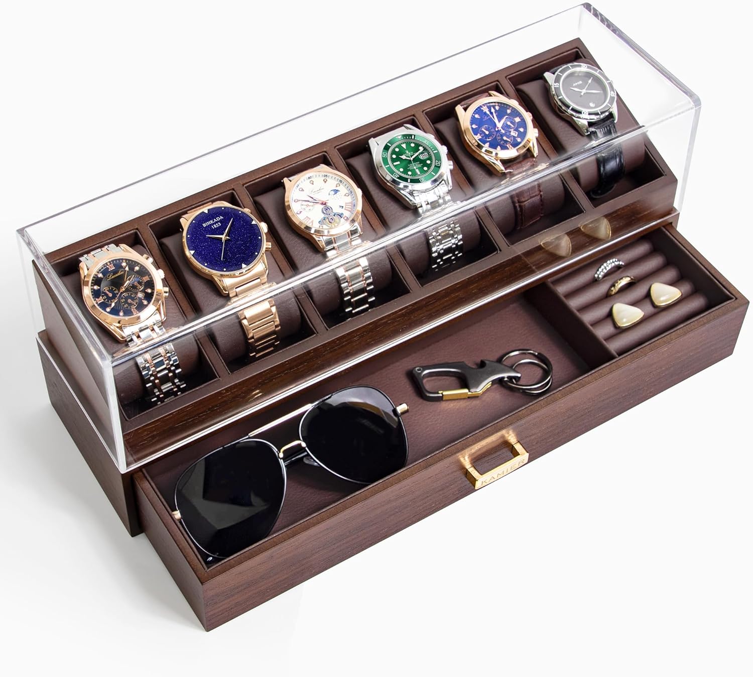 KAMIER High End Wooden Watch Box with 6 Slots & Glass Lid - 2-Layer Jewelry Organizer for Men - Watch Display Case, Ideal ...