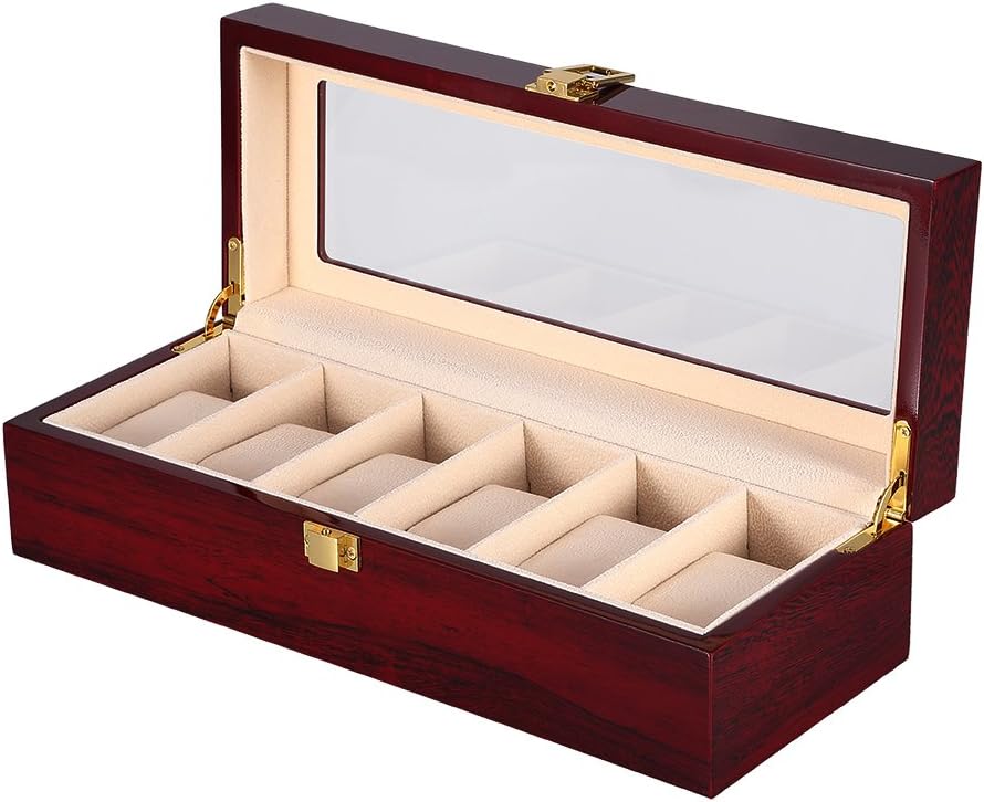 Uten Watch Box, 6 Slot Watch Case, Watch Holder with Glass Lid, Wooden Watch Case with Removable Watch Pillow, Metal Clasp...