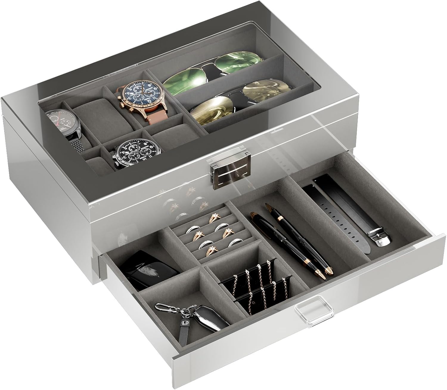 ProCase Wooden Men's Jewelry Box, 2-Tier Watch Holder and Sunglasses Box Organizer for Men, Display Cases with Clear Glass...