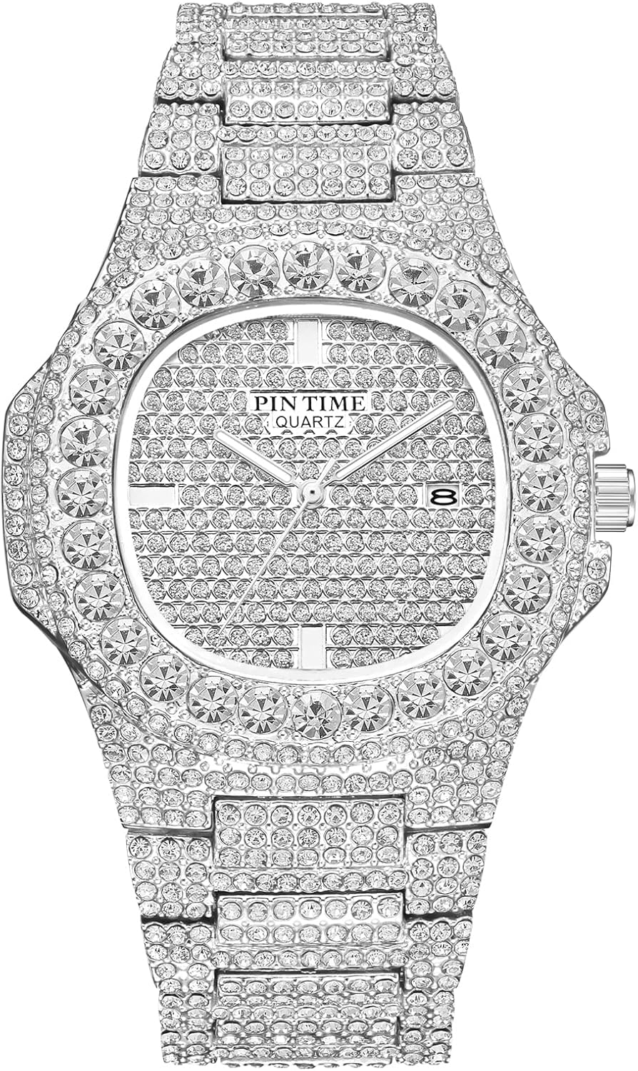 Gosasa Men's/Womens Unisex Crystal Watch Full Bling Iced-Out Cuban Watch Oblong Silver/Gold Wristwatch Hip-Hop Stainless S...