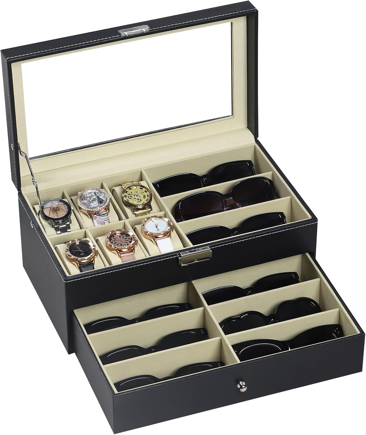 AUTOARK Leather 6 Watch Box Jewelry Case and 9 Piece Eyeglasses Storage and Sunglass Glasses Display Drawer Lockable Case ...