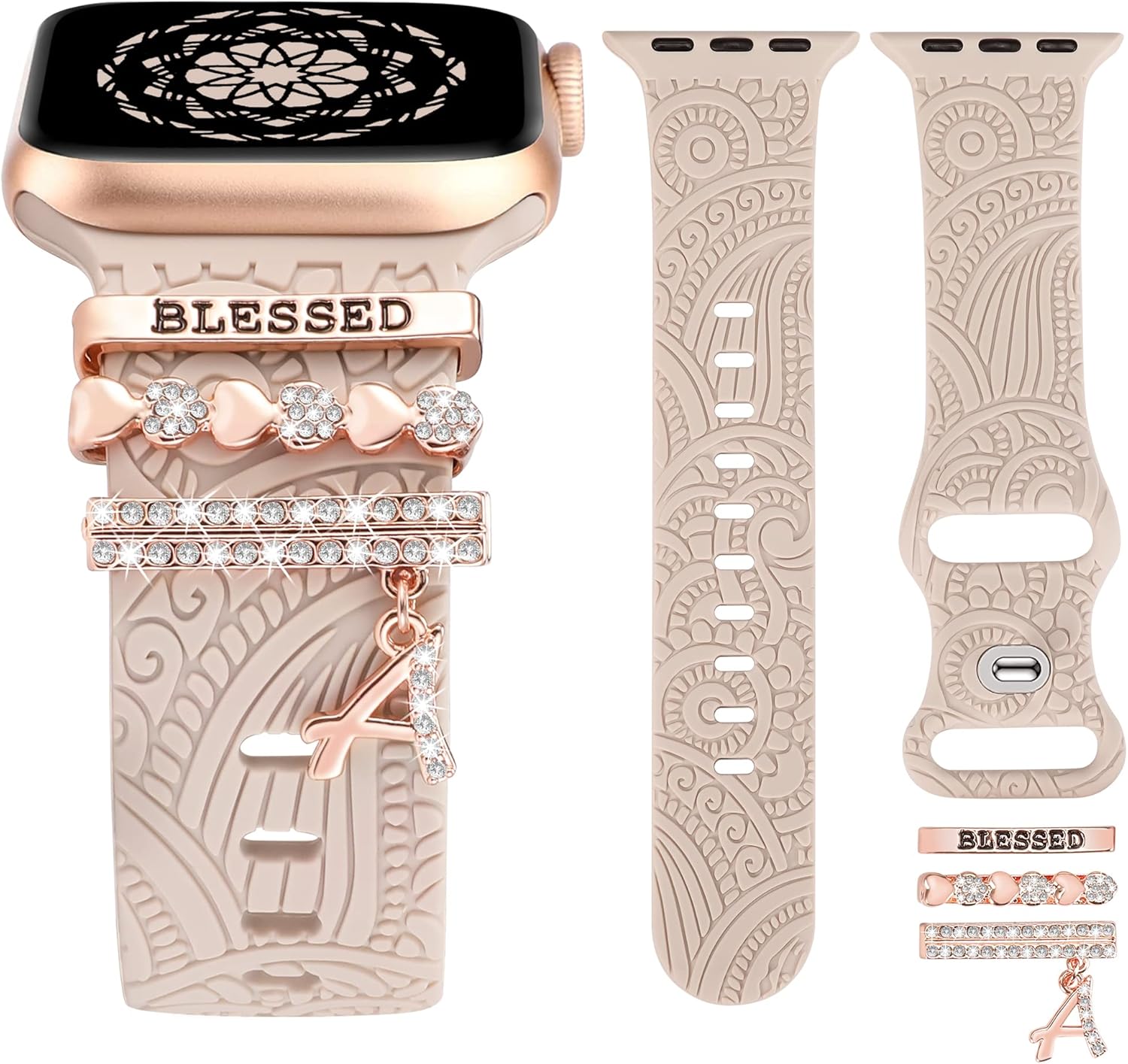 Decorative Rings Loops Compatible with Apple Watch Band Charms 42mm 41mm 40mm 38mm 44mm 45mm 46mm 49mm Women, Boho Engrave...