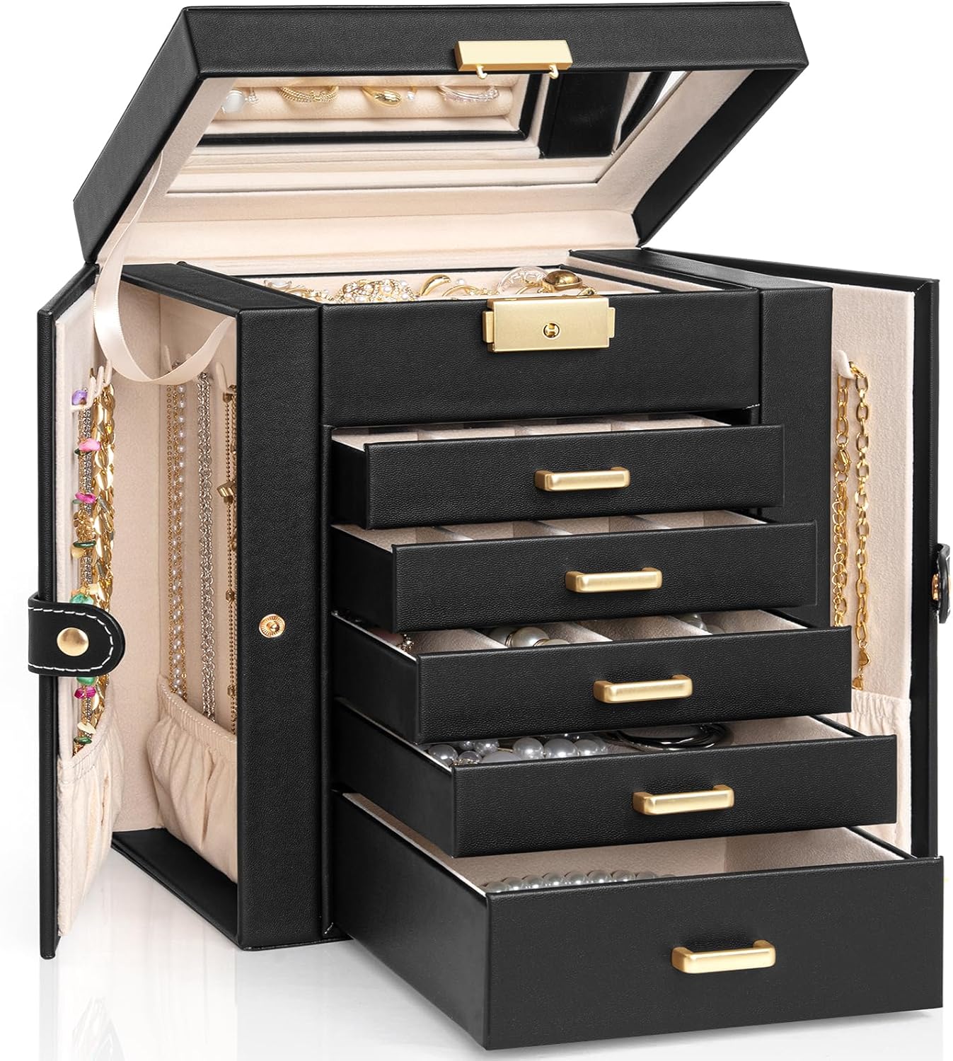 AKOZLIN 5-Tier Jewelry Box Lockable Leather Jewelry Storage Case with 4 Drawers for Women Girls Ring Necklace Earring Brac...