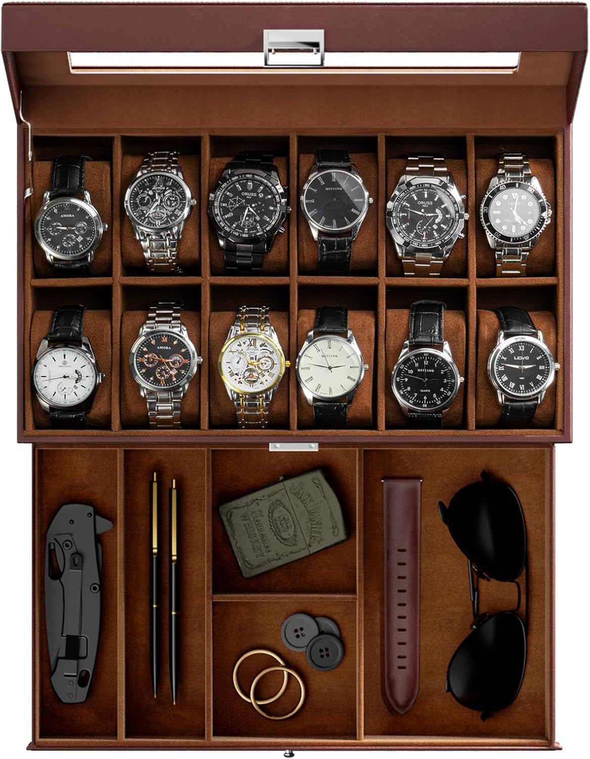 ProCase Watch Box for Men, 12 Slot Mens Watch Case With Drawer, Watch Display Case With Glass Lid, 2-Layer Watch Holder Or...