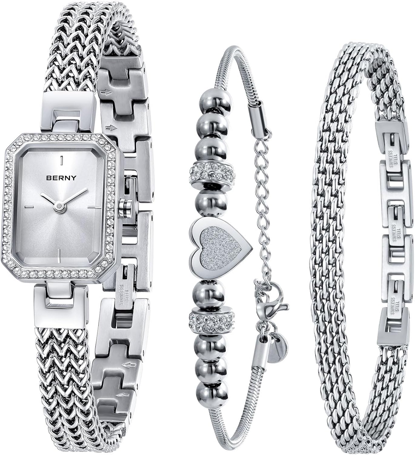 BERNY Silver Watches for Women Ladies Wrist Watch and Bracelet Set Dainty Quartz Bracelet Watch Premium Crystal Accented F...