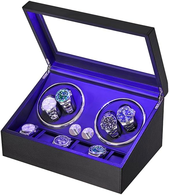 ANWBROAD Watch Winder for Automatic Watches 4 Watch Rotator and 6 Extra Storages with Super Quiet Mabuchi Motor and LED Ba...