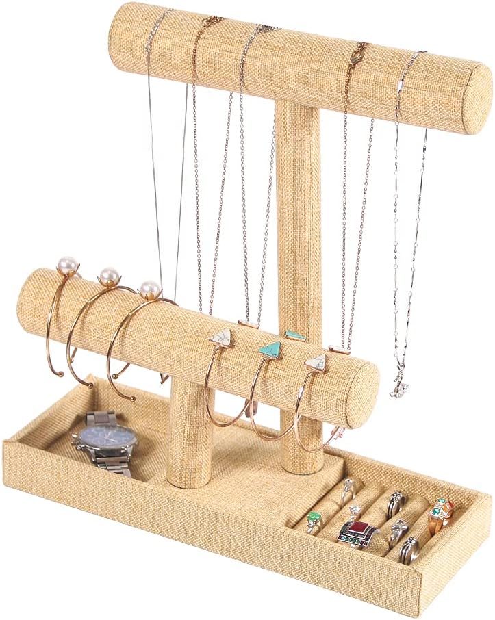 Coward 2 Tier Necklace Bracelet Holder Organizer with Ring Tray, Linen Jewelry Display Stand for Watch Scrunchie Lipstick,...