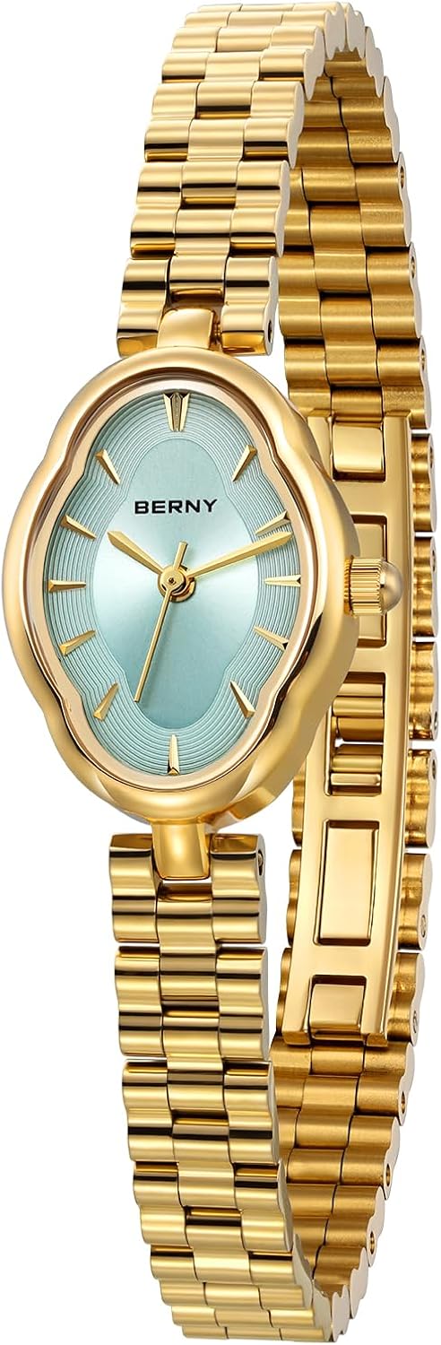 BERNY Gold Watches for Women Dainty Ladies Quartz Watch Vintage Copper Mirrors Shape Japanese Quartz Movement 3ATM Waterpr...