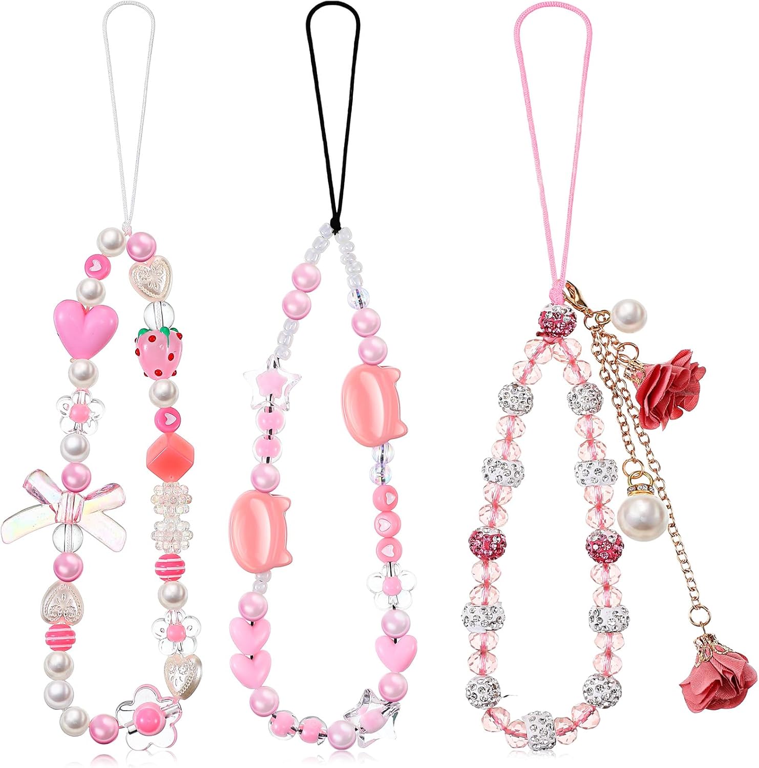 Ecally 3 Pcs Phone Wrist Strap Beaded Pearl Butterfly Cell Phone Charm Strap Cute Flower Y2k Lanyard for Camera Keychain W...