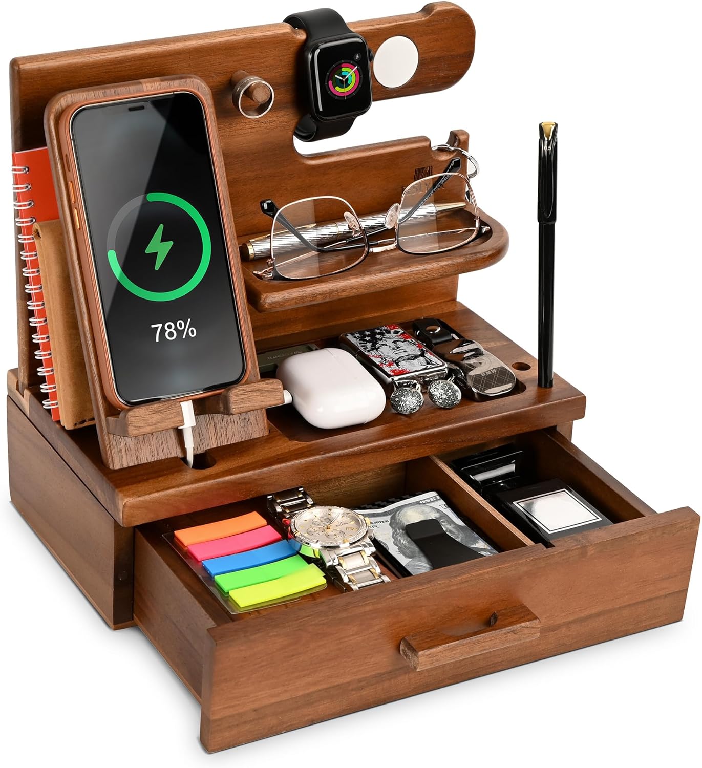 TESLYAR Wood Phone Docking Station with Drawer - Nightstand Organizer - Desk Organizer for Husband - Birthday Gifts for Me...