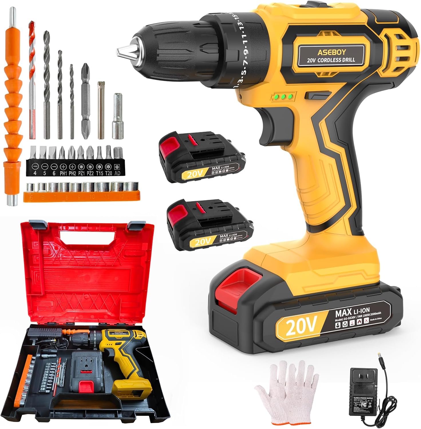 Aseboy Cordless Drill with Battery and Charger, 20V Electric Power Drill with 3/8
