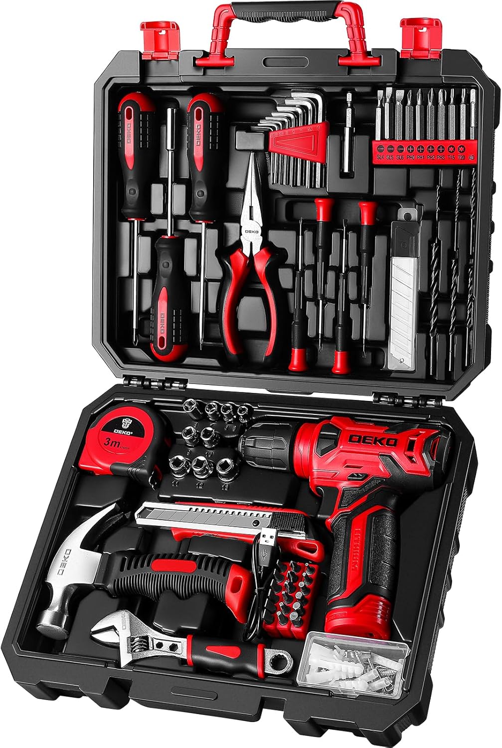 DEKOPRO Drill Set: Tool Set with 8V Pink Cordless Drill, Home Tool Kit with Drill, Hand Tool Kits for Women 126 Piece