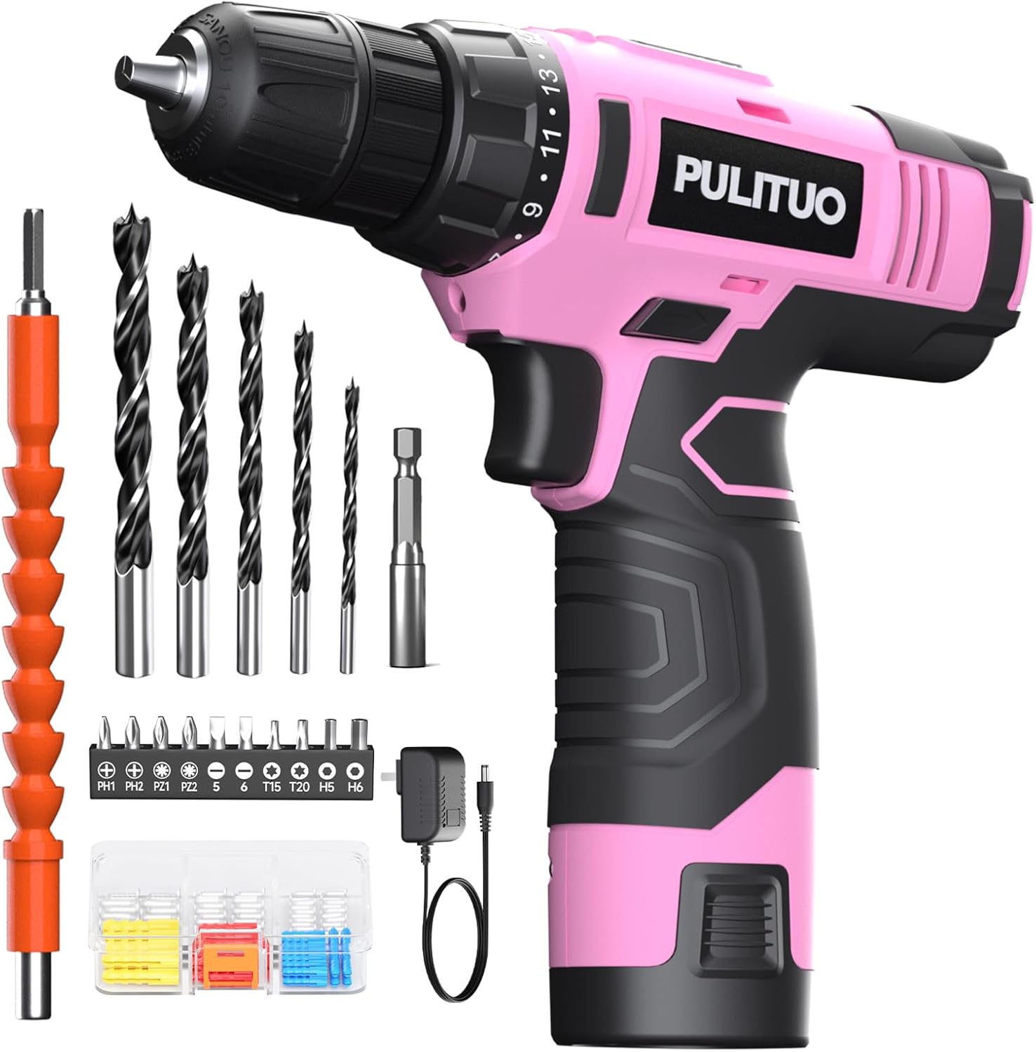 PULITUO 12V Pink Cordless Drill Set Power Drill Kit with Battery and Charger,electric drill home improvement,3/8-Inch Keyl...