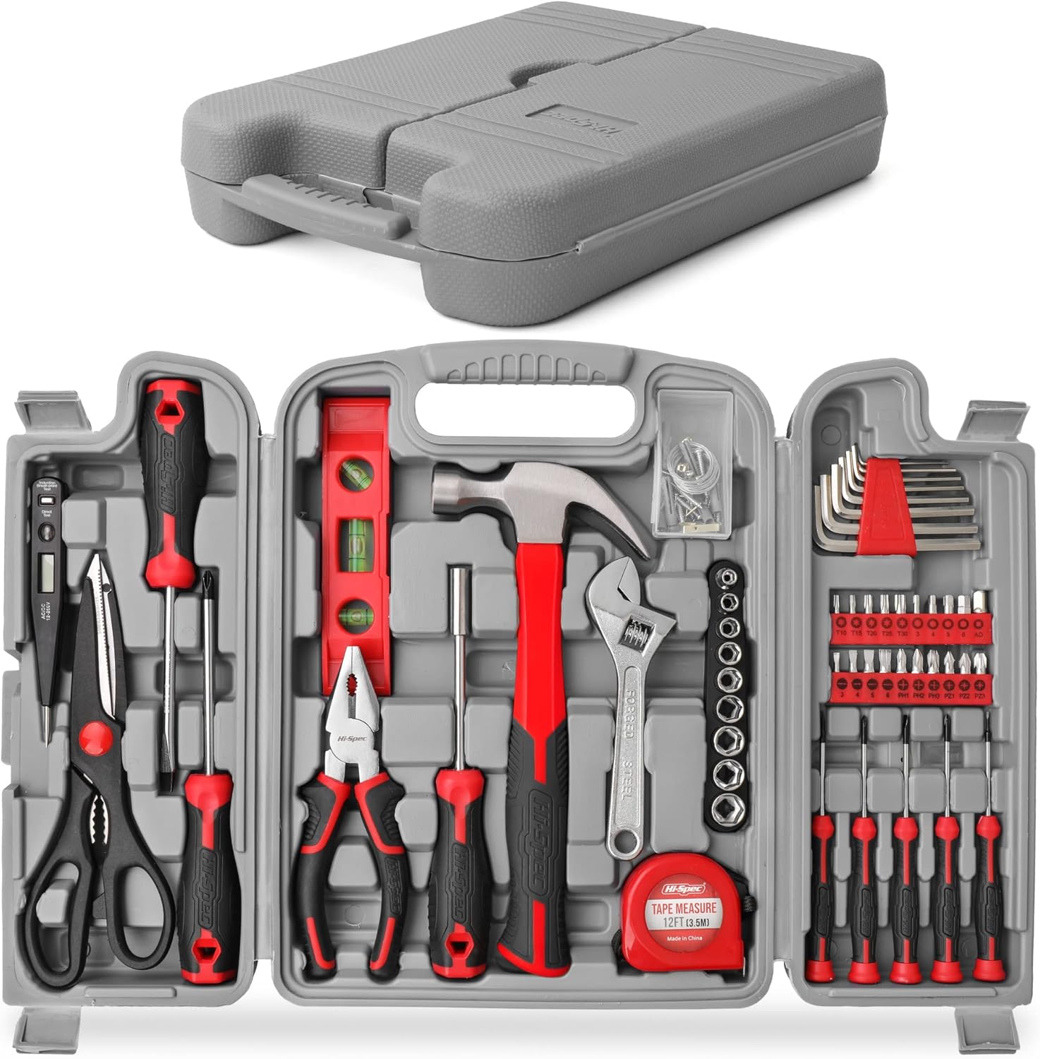 Hi-Spec 54pc Red Household Tool Kit – Essential DIY Hand Tool Set with Toolbox for Home, Garage, Office, Basic Repairs, Fi...