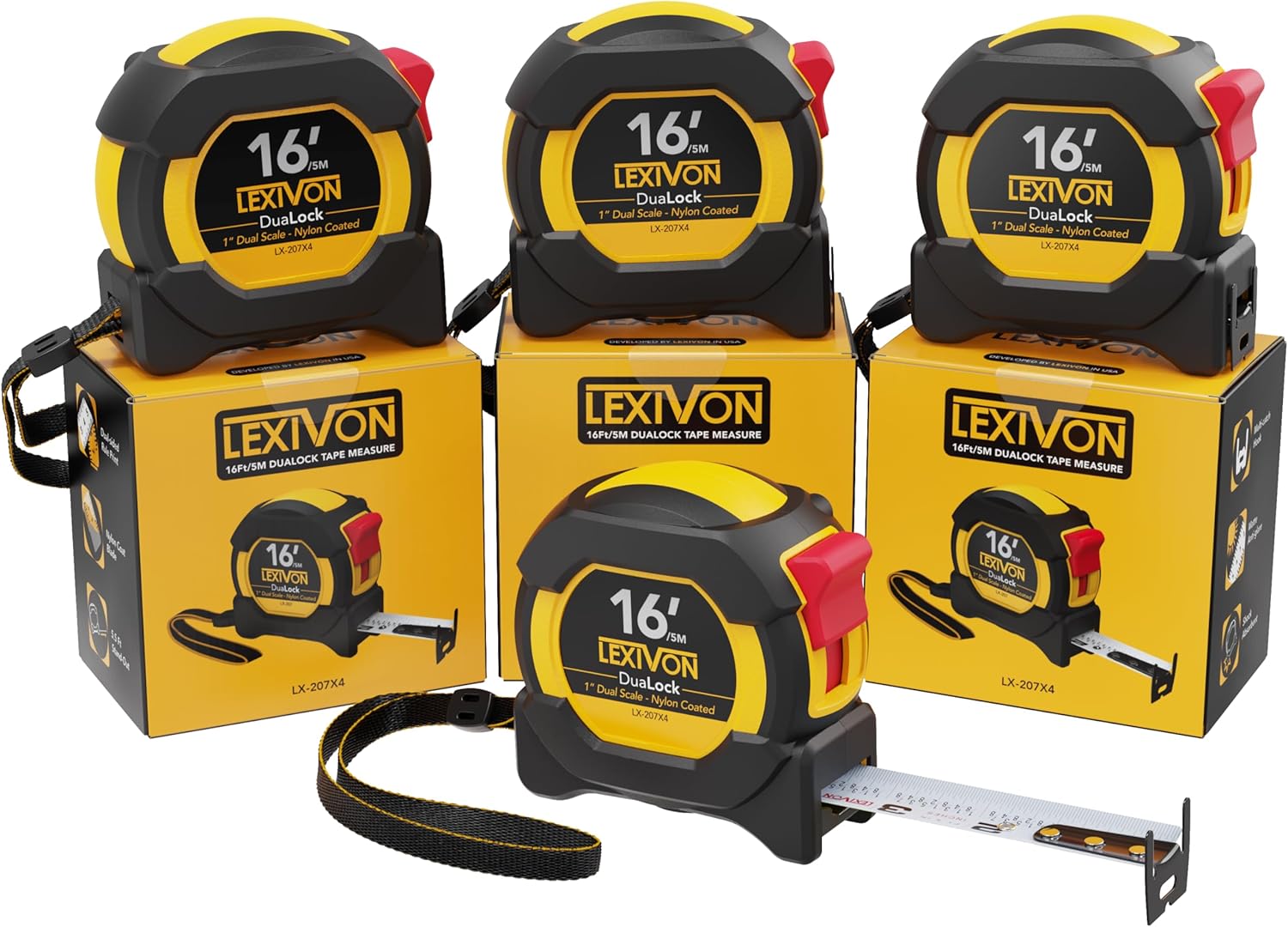 LEXIVON [3-Pack] 16Ft/5m DuaLock Tape Measure | 1-Inch Wide Blade with Nylon Coating, Matte Finish White & Yellow Dual Sid...