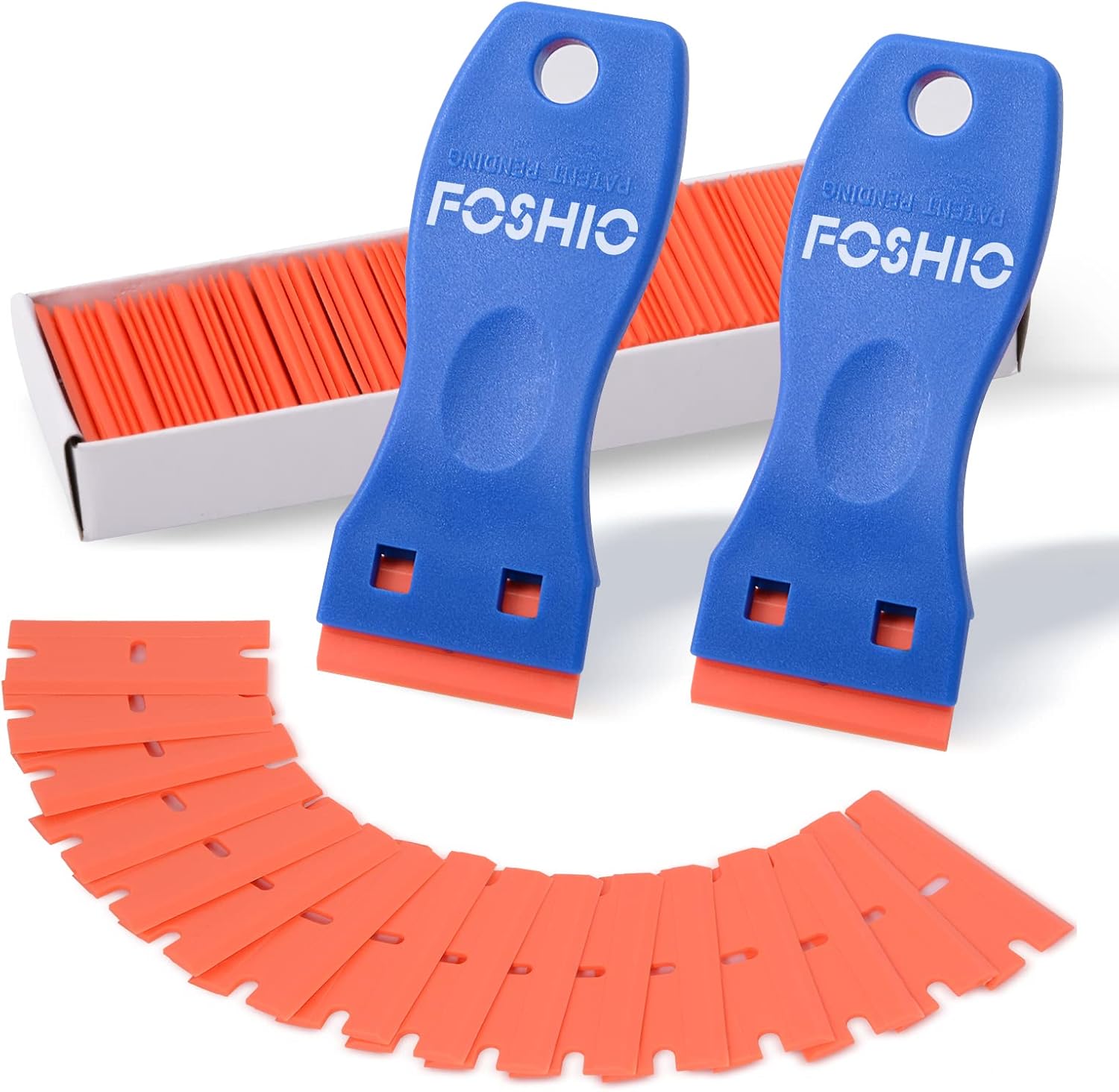 FOSHIO 2PCS Plastic Razor Blade Scraper Tool and 100PCS Plastic Blades for Gasket Remover, Sticker Remover, Labels Decal a...