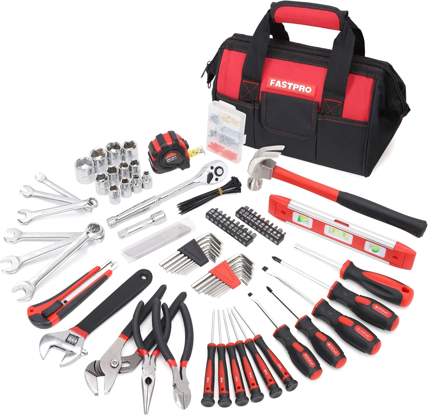FASTPRO 236-Piece Home Repairing Tool Set, Mechanics Hand Tool Kit with 12-Inch Wide Mouth Open Storage Bag, Household Too...